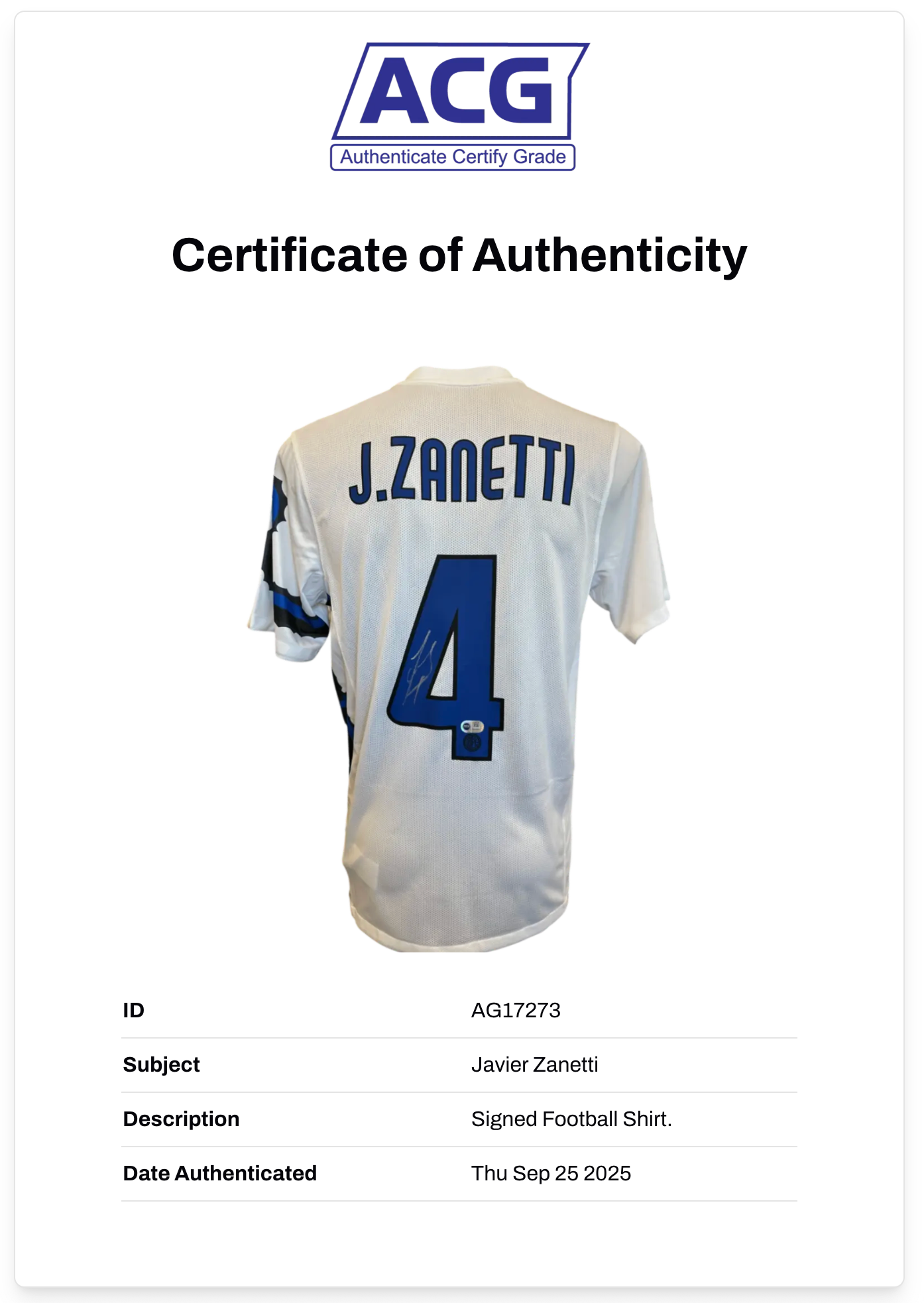 JAVIER ZANETTI SIGNED INTER MILAN 2010/11 AWAY SHIRT ZANETTI 4 (ACG CERT AG17273)