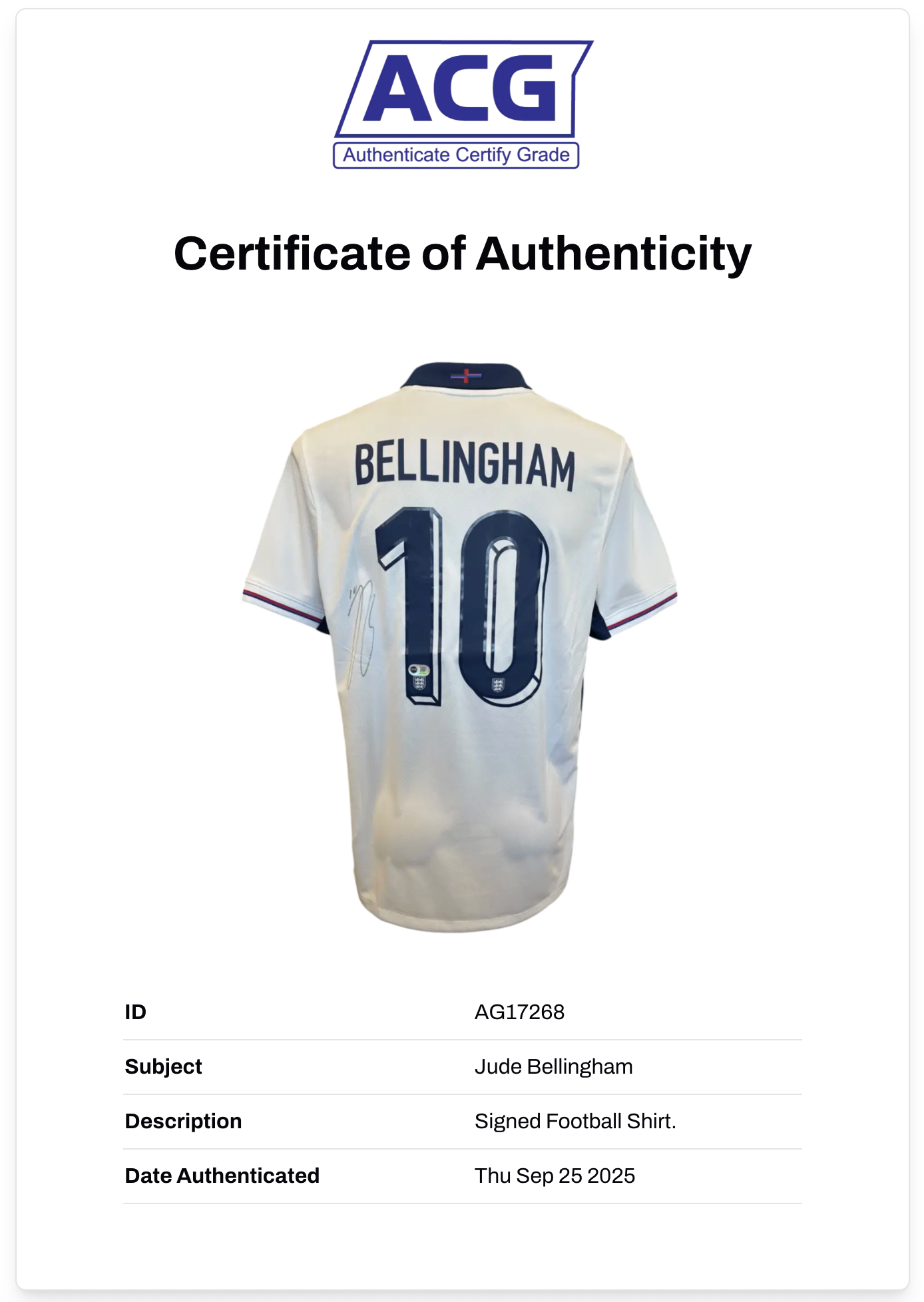 JUDE BELLINGHAM SIGNED 2024/26 ENGLAND HOME SHIRT (ACG CERT AG17268)