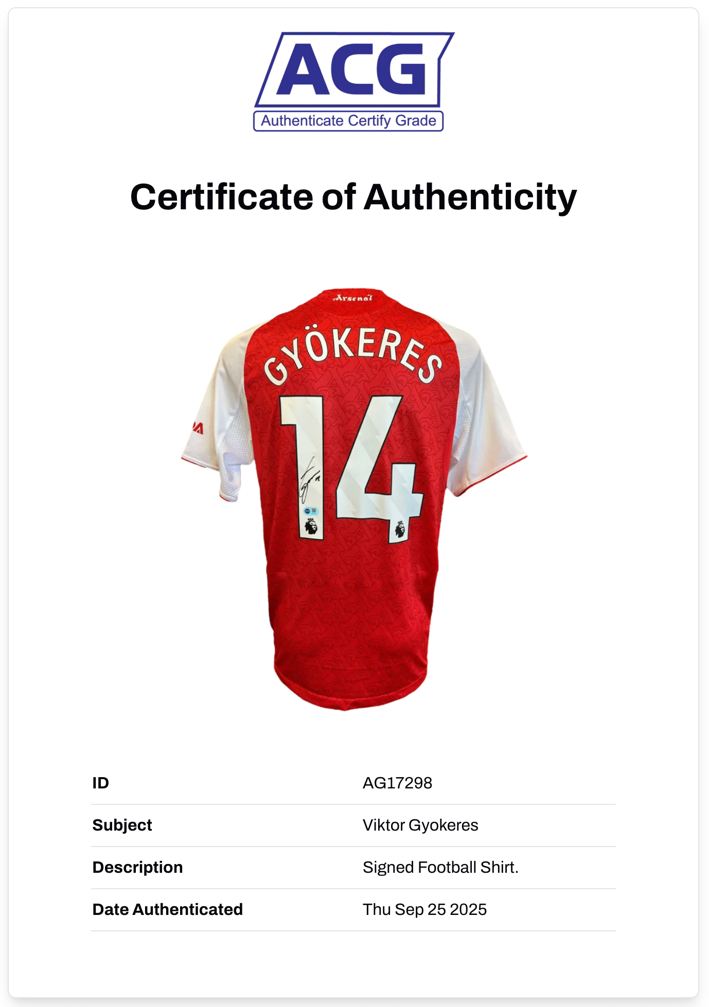 VIKTOR GYOKERES SIGNED ARSENAL FC 2025/26 HOME SHIRT (ACG CERT AG17298)
