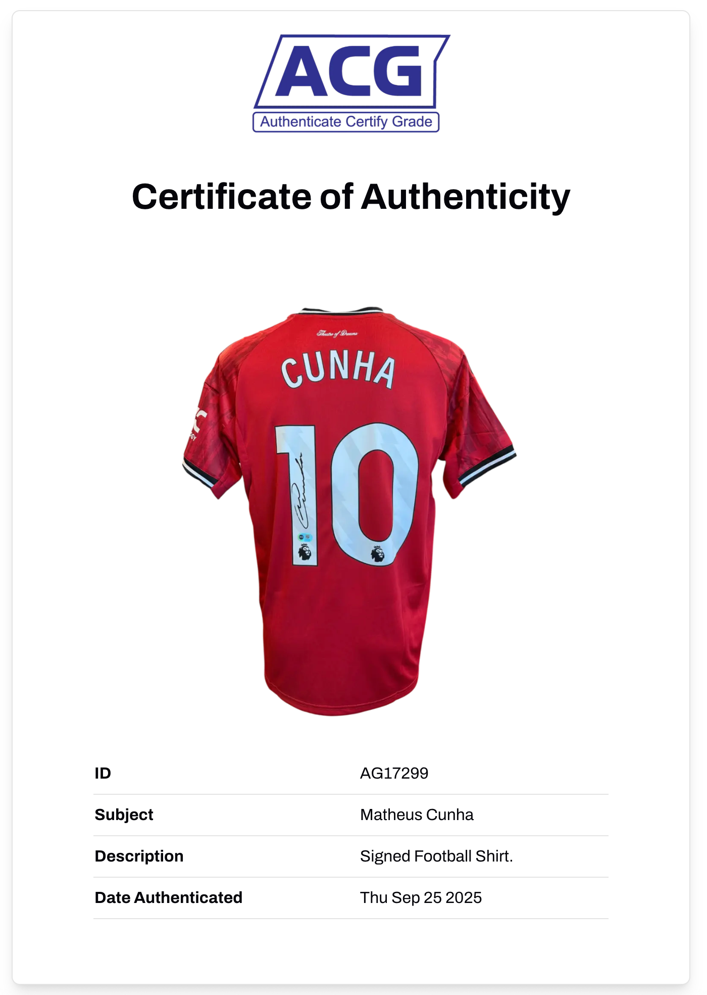 MATHEUS CUNHA SIGNED 2025/26 MANCHESTER UTD HOME SHIRT (ACG CERT AG17299)