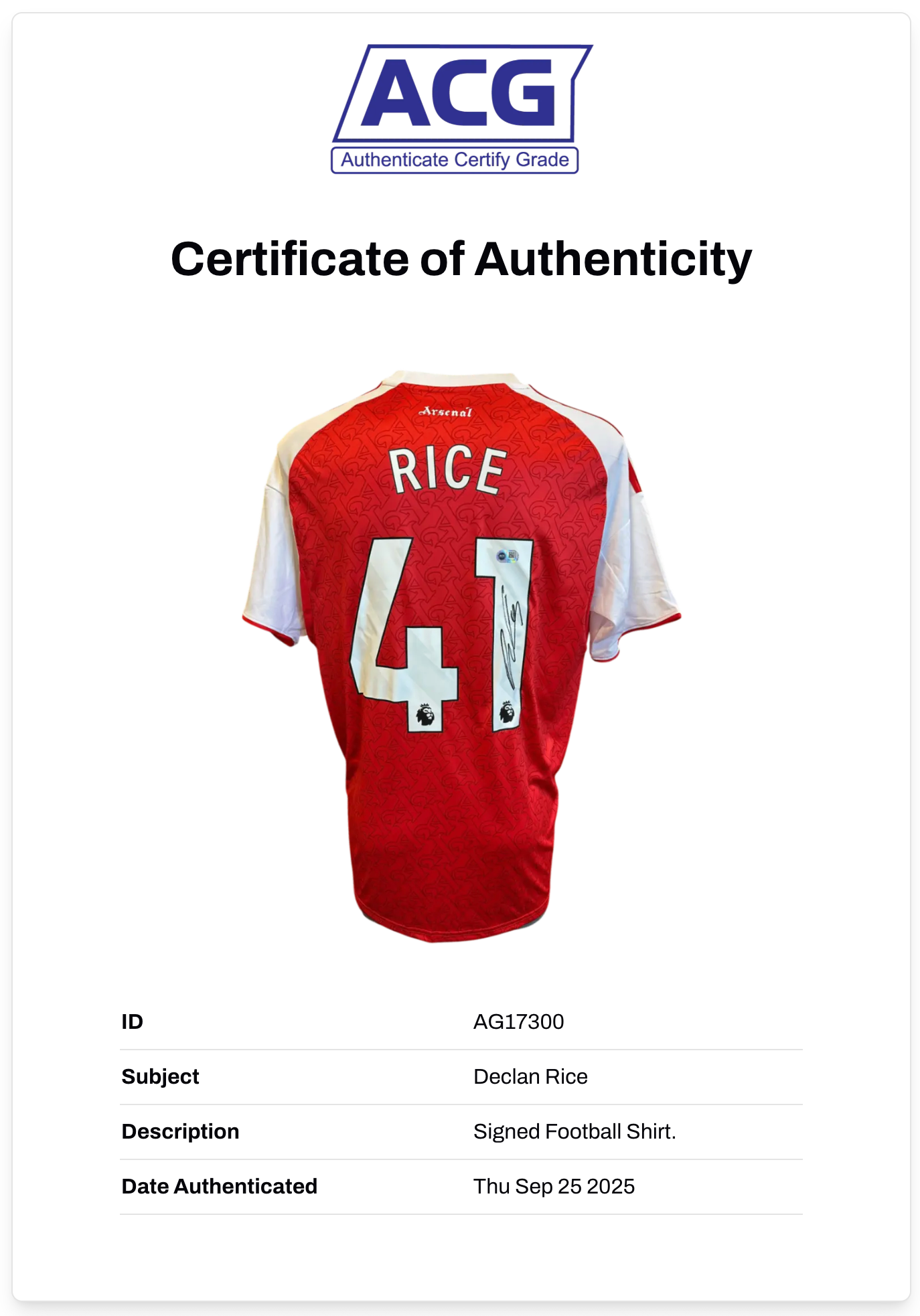DECLAN RICE SIGNED 2025/26 ARSENAL FC HOME SHIRT (ACG CERT AG17300)