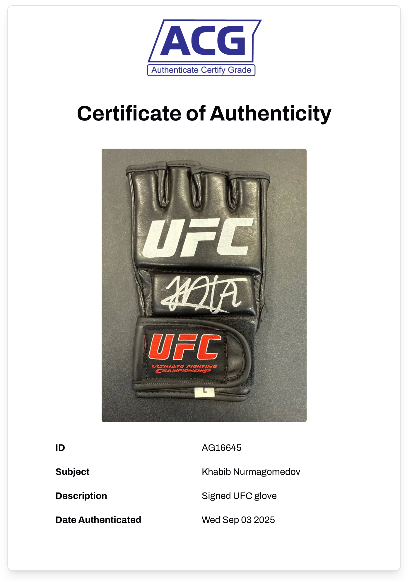 KHABIB NURMAGOMEDOV THE EAGLE SIGNED UFC FIGHT GLOVE (ACG CERT AG16645)