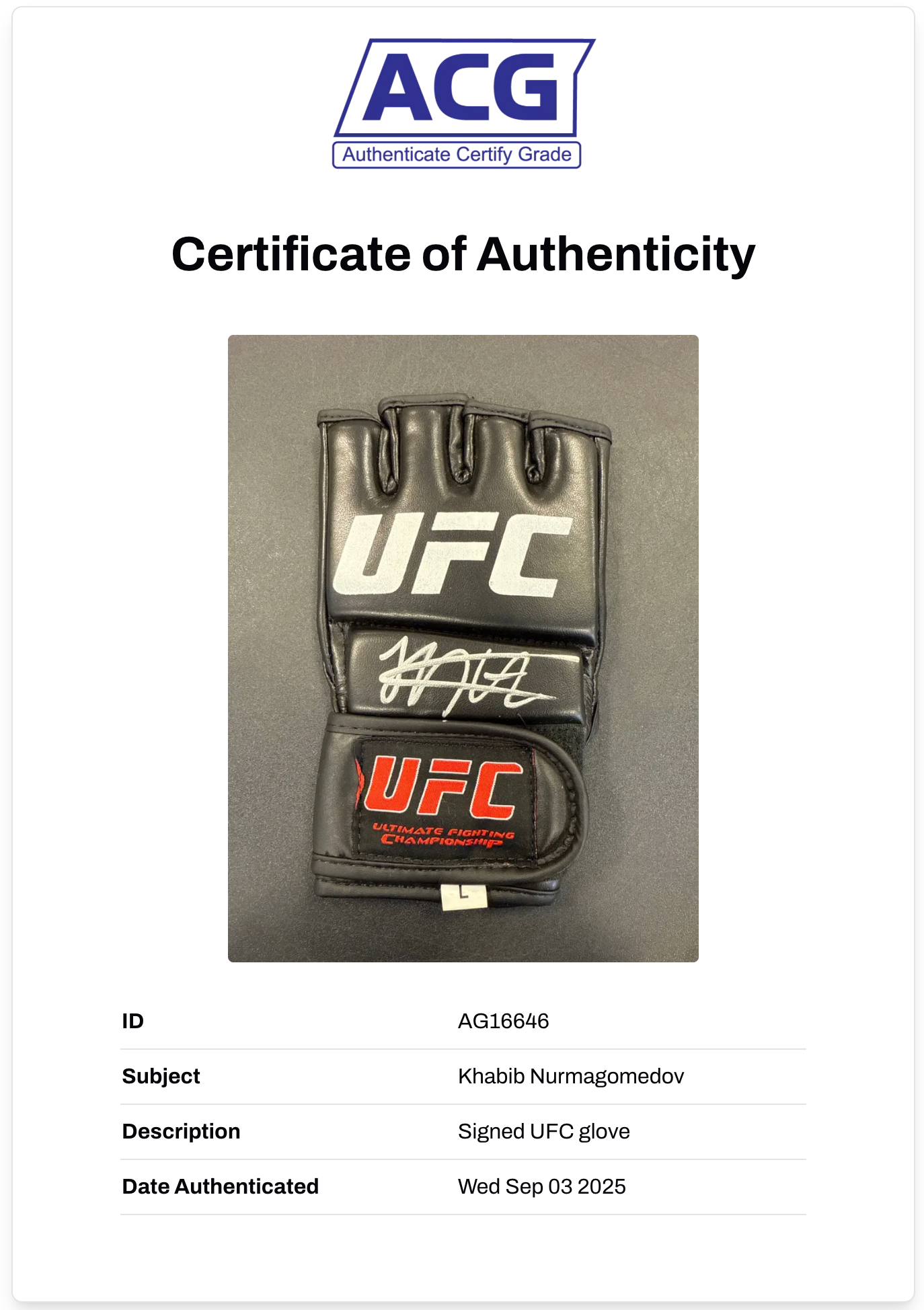 KHABIB NURMAGOMEDOV THE EAGLE SIGNED UFC FIGHT GLOVE (ACG CERT AG16646)