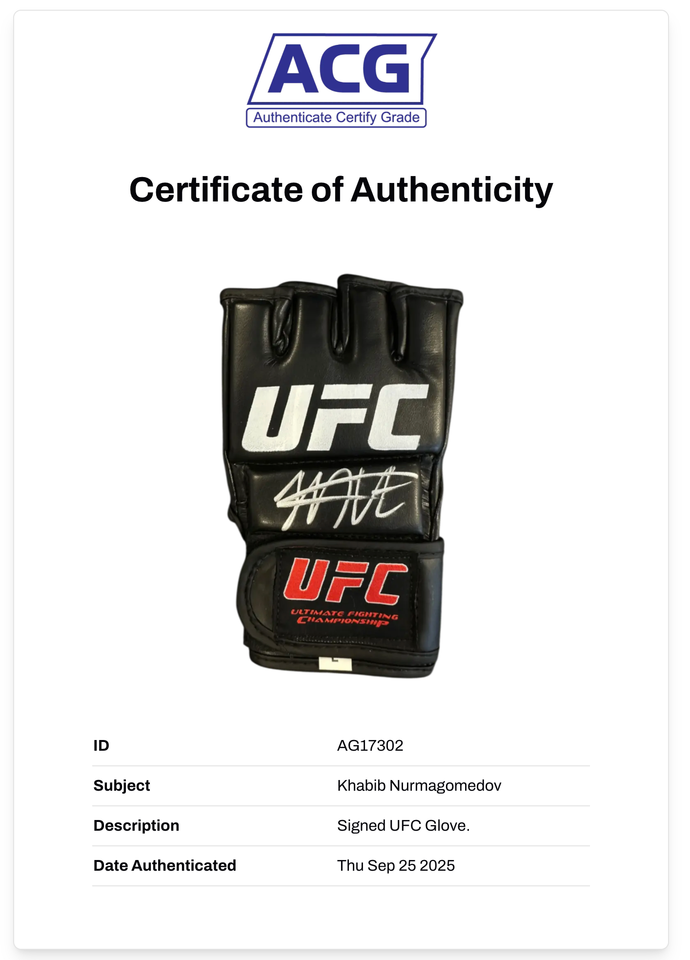 KHABIB NURMAGOMEDOV THE EAGLE SIGNED UFC FIGHT GLOVE (ACG CERT AG17302)