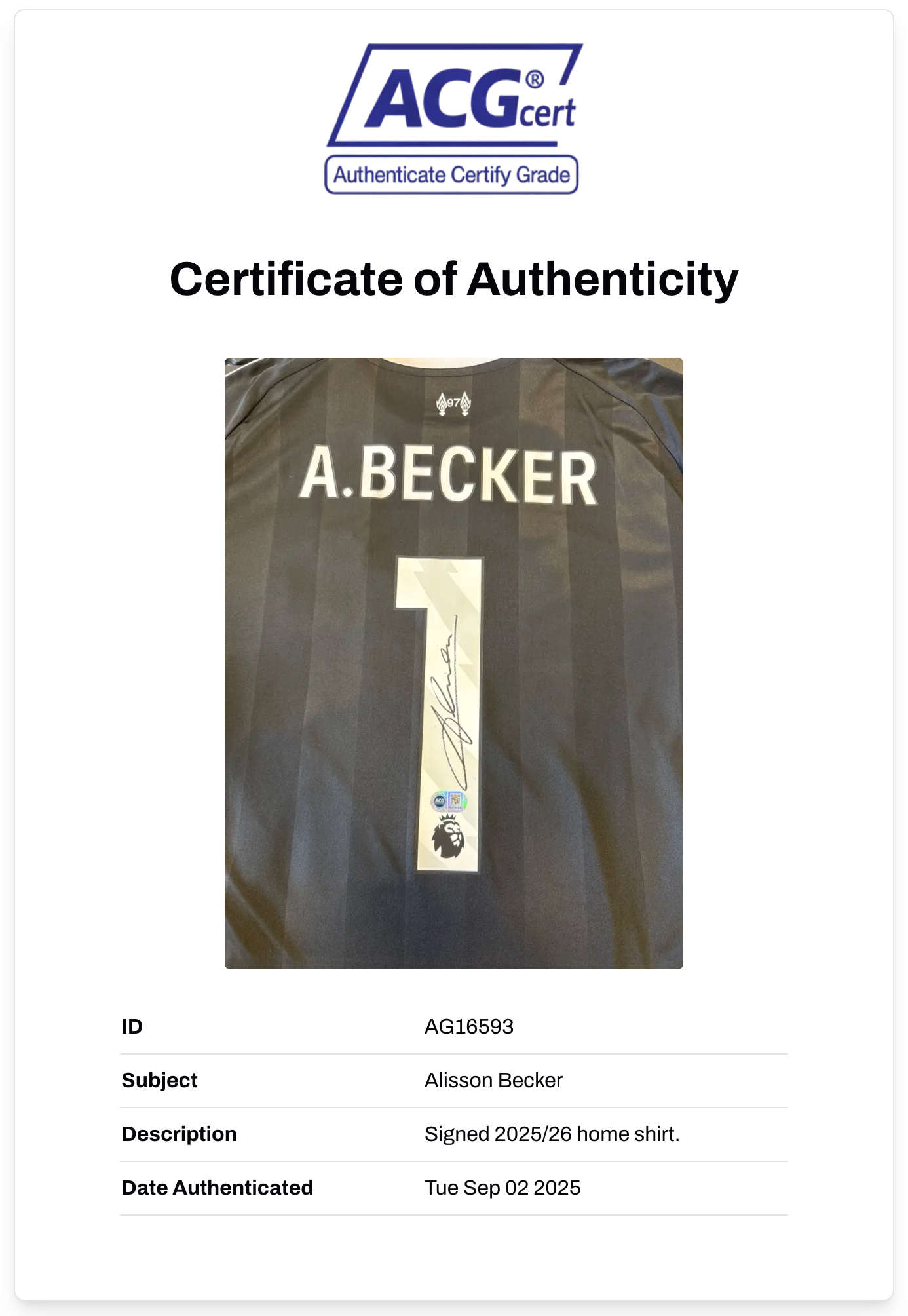 ALISSON BECKER SIGNED 2025/26 LIVERPOOL FC GOALKEEPER SHIRT (ACG CERT AG16593)
