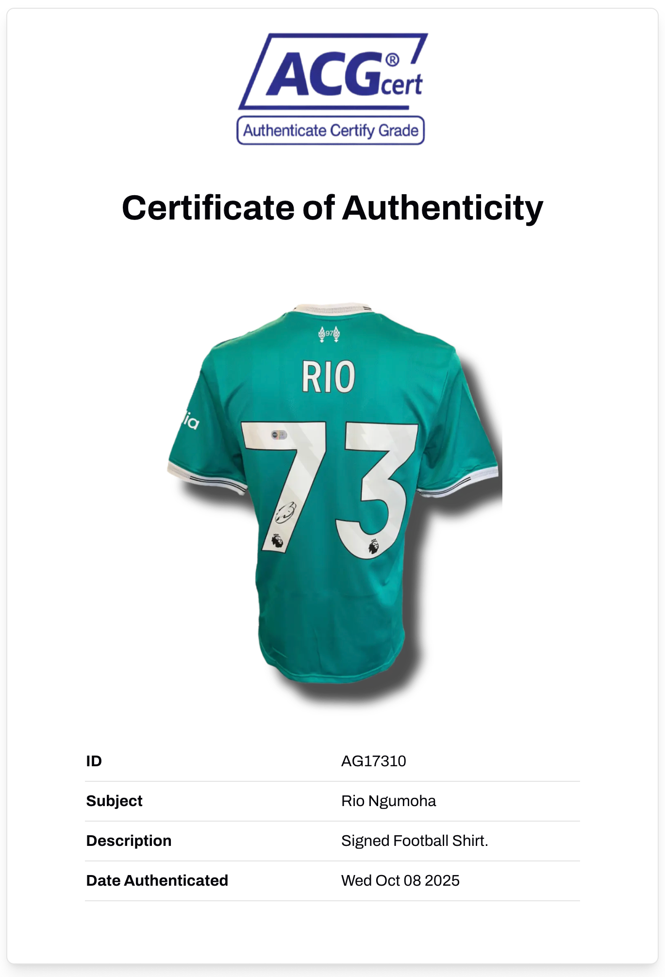 RIO NGUMOHA SIGNED 2025/26 LIVERPOOL FC THIRD SHIRT (ACG CERT AG17310)