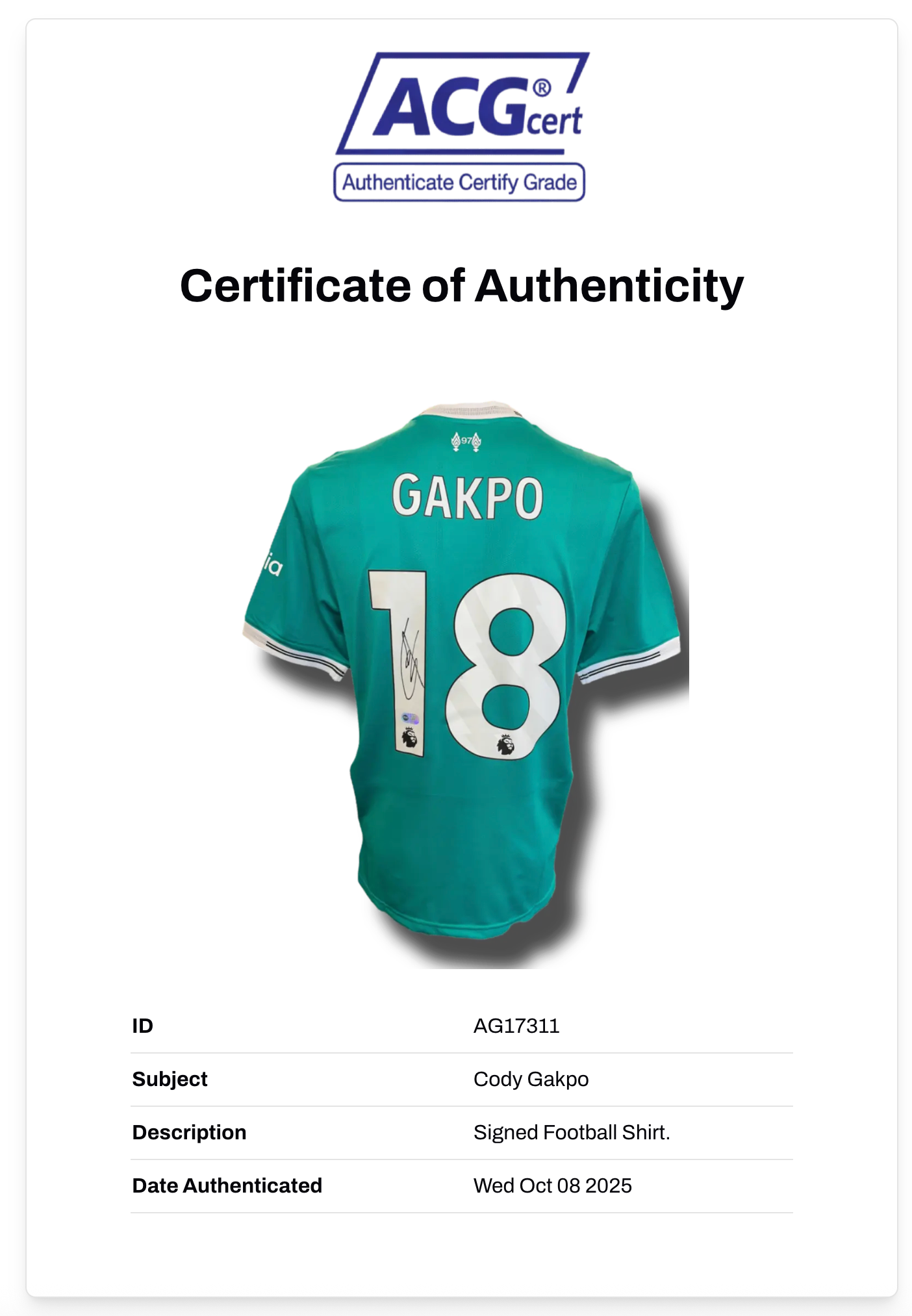 CODY GAKPO SIGNED LIVERPOOL FC 2025/26 THIRD SHIRT (ACG CERT AG17311)