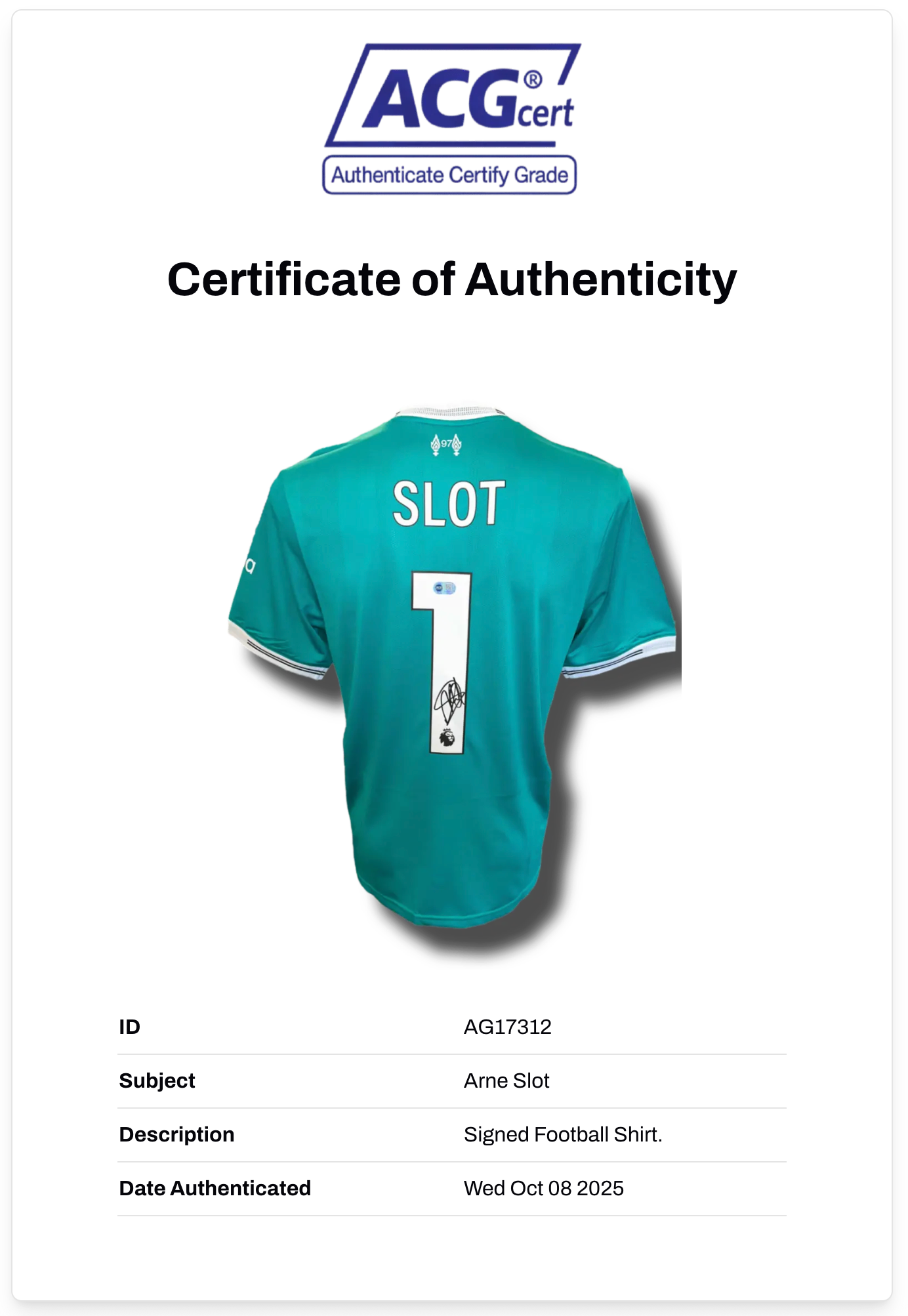ARNE SLOT SIGNED 2025/26 LIVERPOOL FC THIRD SHIRT (ACG CERT AG17312)