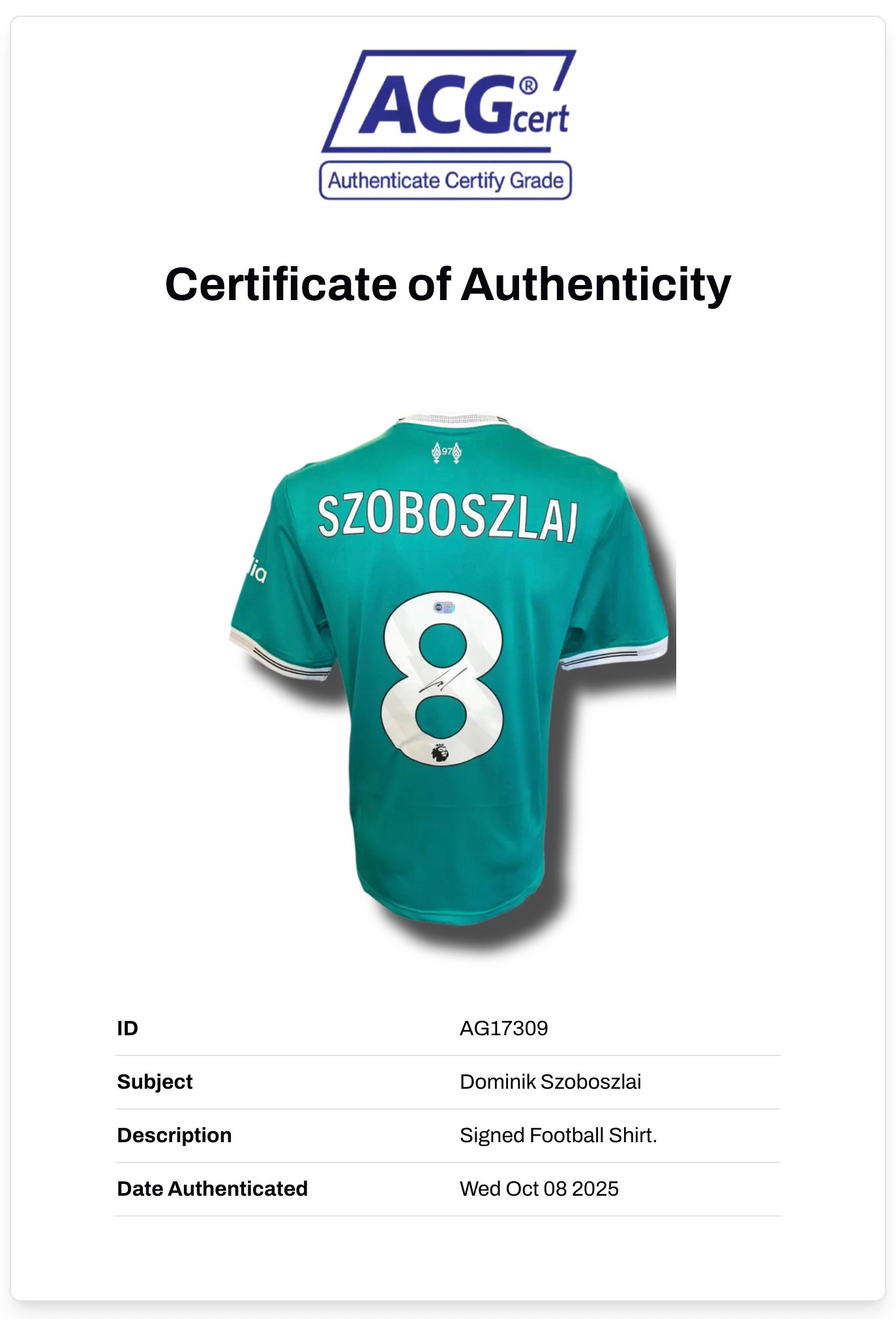 DOMINIK SZOBOSZLAI SIGNED 25/26 LIVERPOOL THIRD SHIRT (ACG CERT AG17309)