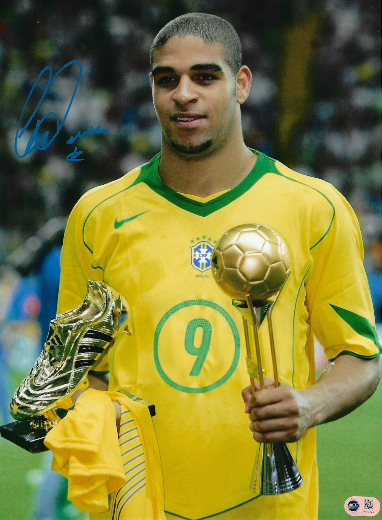 ADRIANO SIGNED BRAZIL LEGEND 16x12 PHOTO (ACG CERT AG17322)