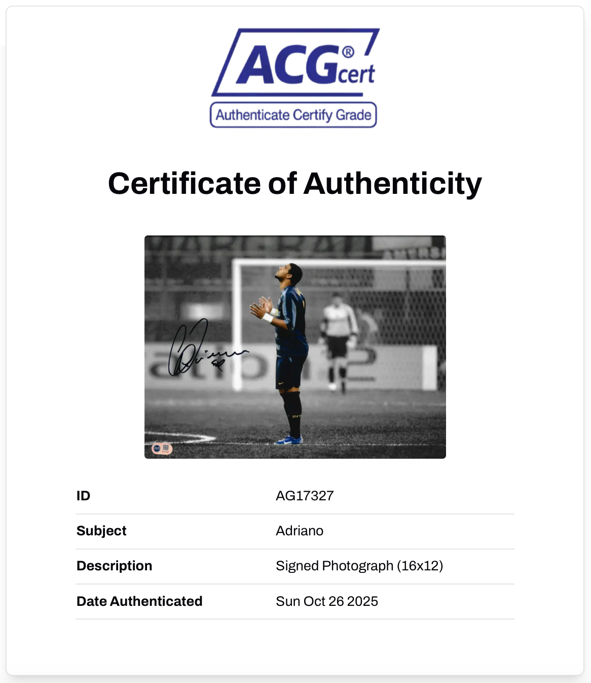 ADRIANO SIGNED INTER MILAN LEGEND 16x12 PHOTO (ACG CERT AG17327)