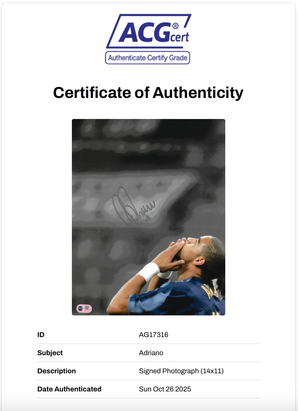 ADRIANO SIGNED INTER MILAN LEGEND 14x11 PHOTO (ACG CERT AG17316)