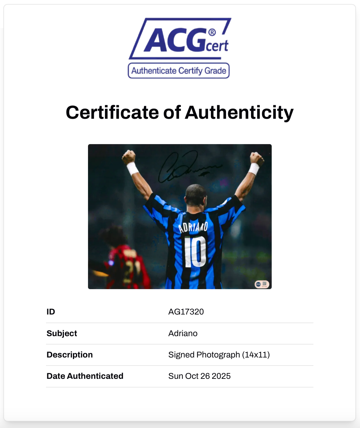 ADRIANO SIGNED INTER MILAN LEGEND 14x11 PHOTO (ACG CERT AG17320)