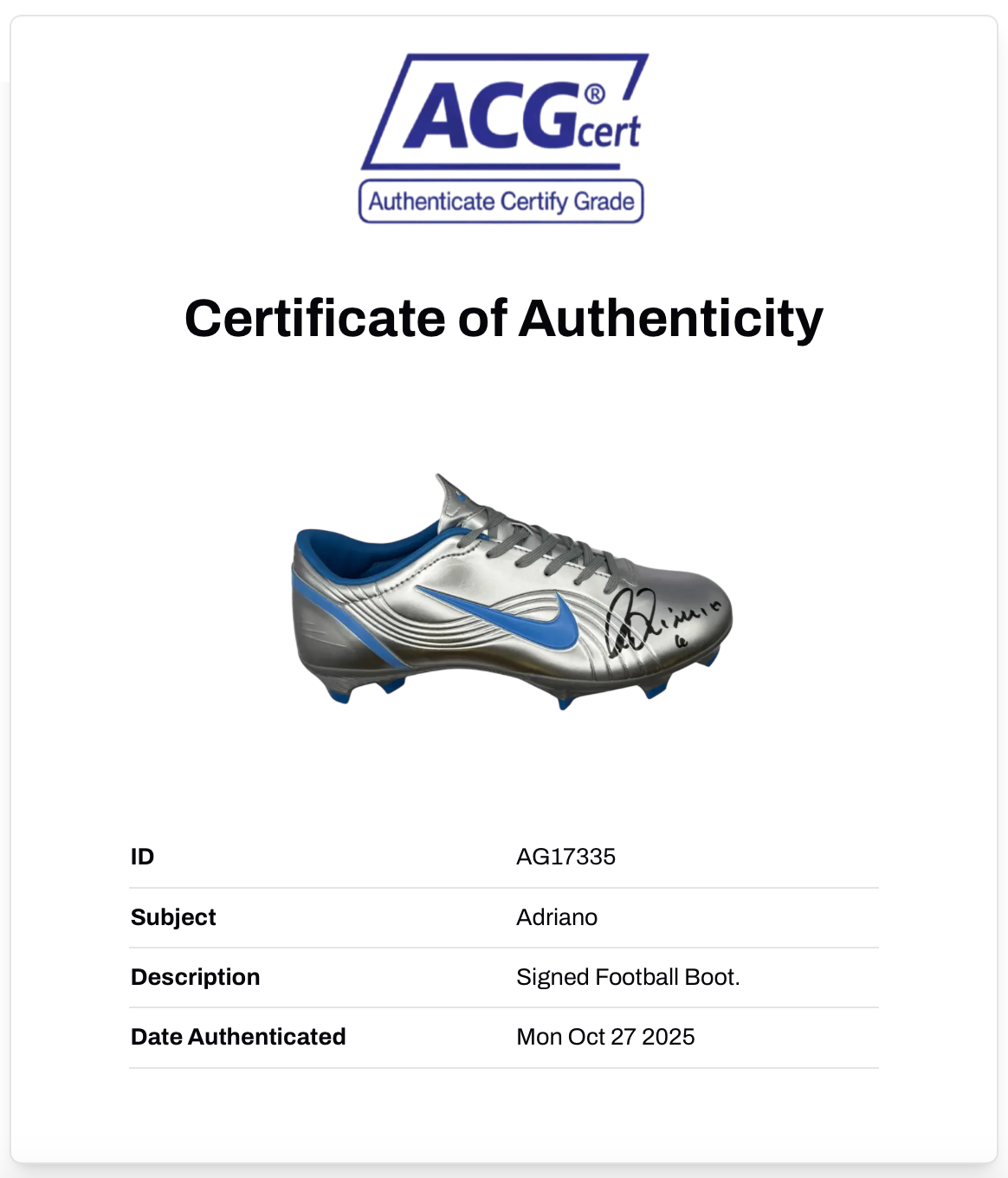 ADRIANO SIGNED NIKE MERCURIAL VAPOUR SILVER RIGHT BOOT (ACG CERT AG17335)