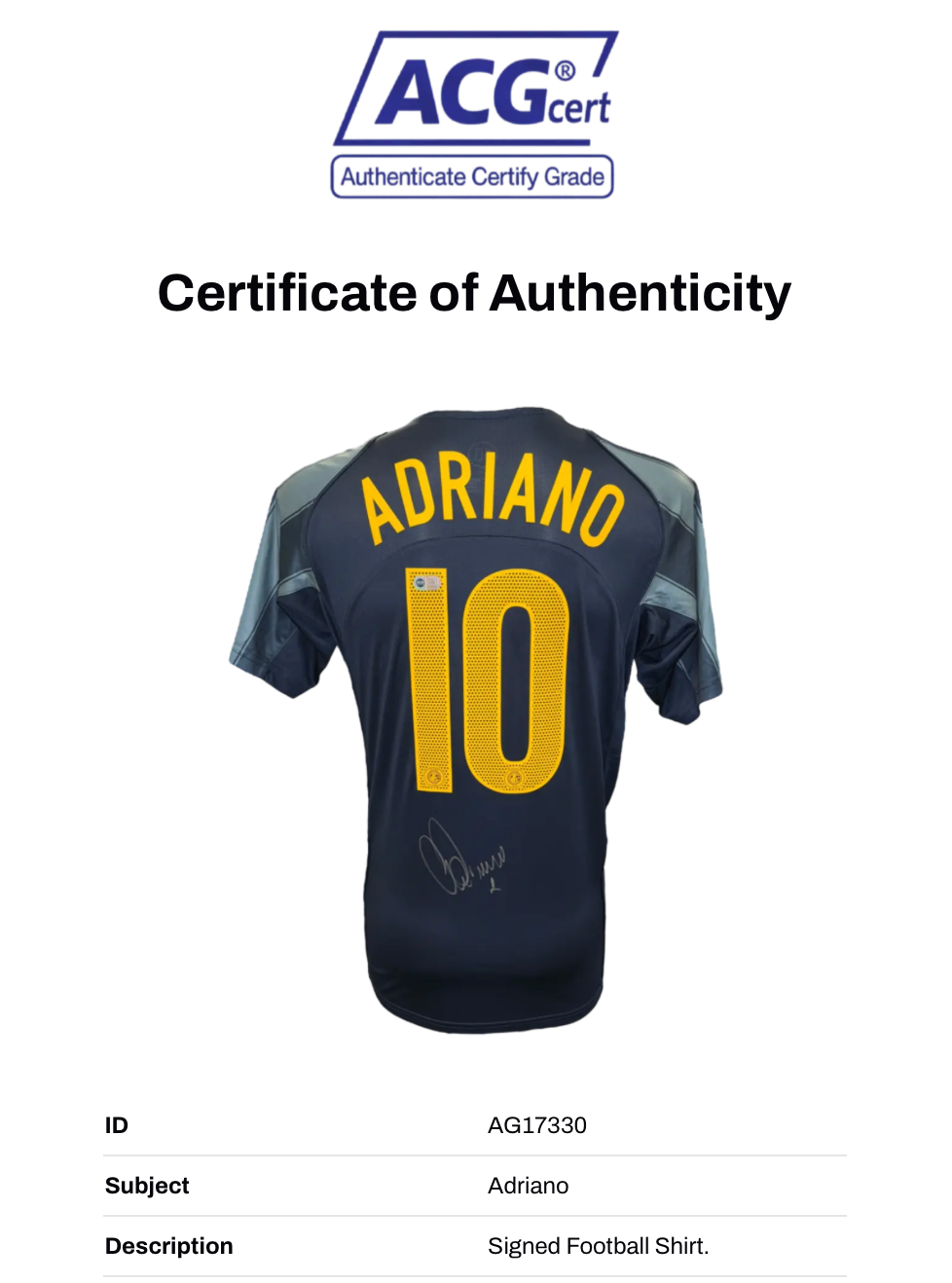 ADRIANO SIGNED INTER MILAN 2004/05 THIRD GREY SHIRT (ACG CERT AG17330)