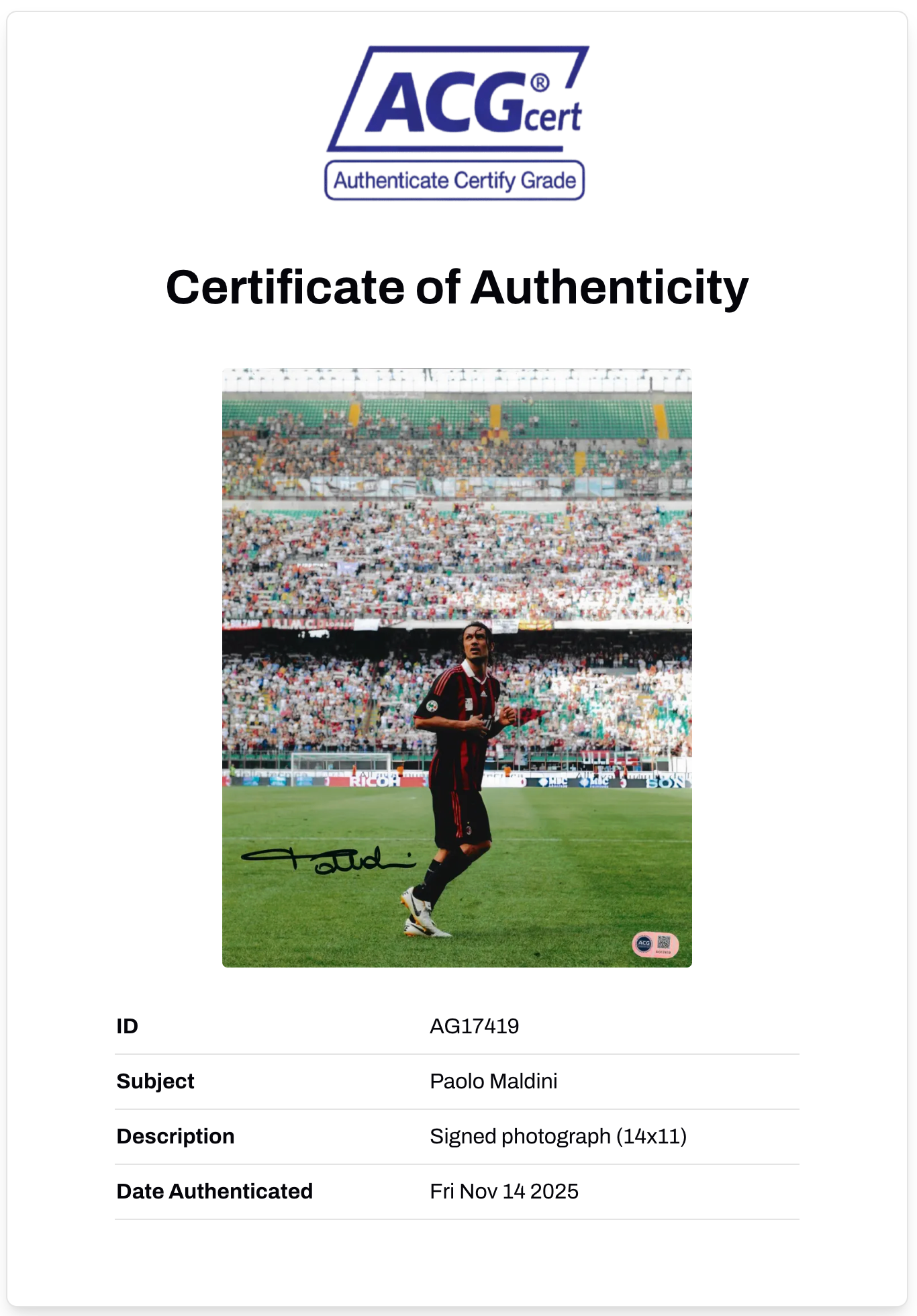 PAOLO MALDINI SIGNED AC MILAN ITALY LEGEND 14x11 PHOTO (ACG CERT AG17419)