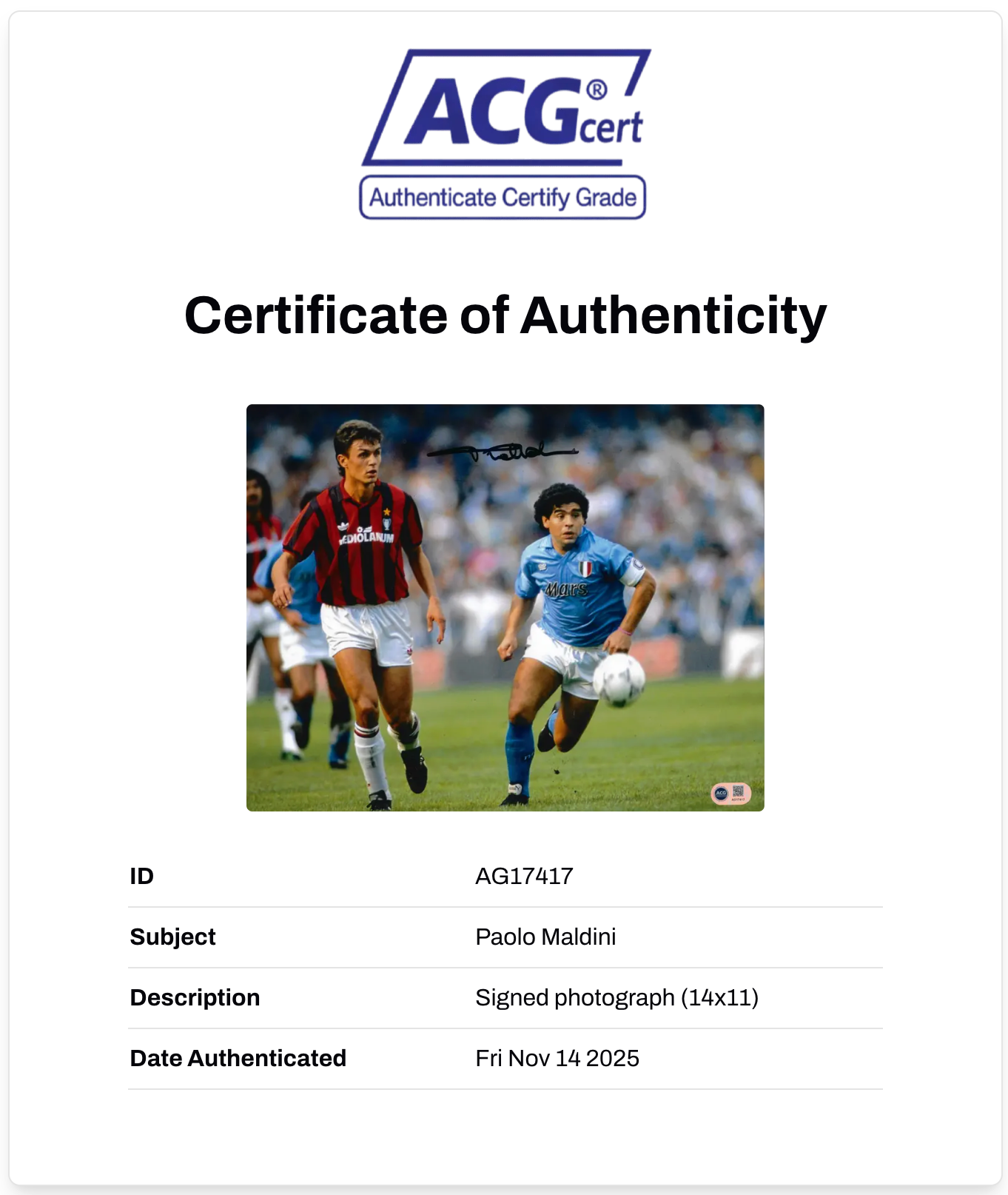 PAOLO MALDINI SIGNED AC MILAN ITALY LEGEND 14x11 PHOTO (ACG CERT AG17417)