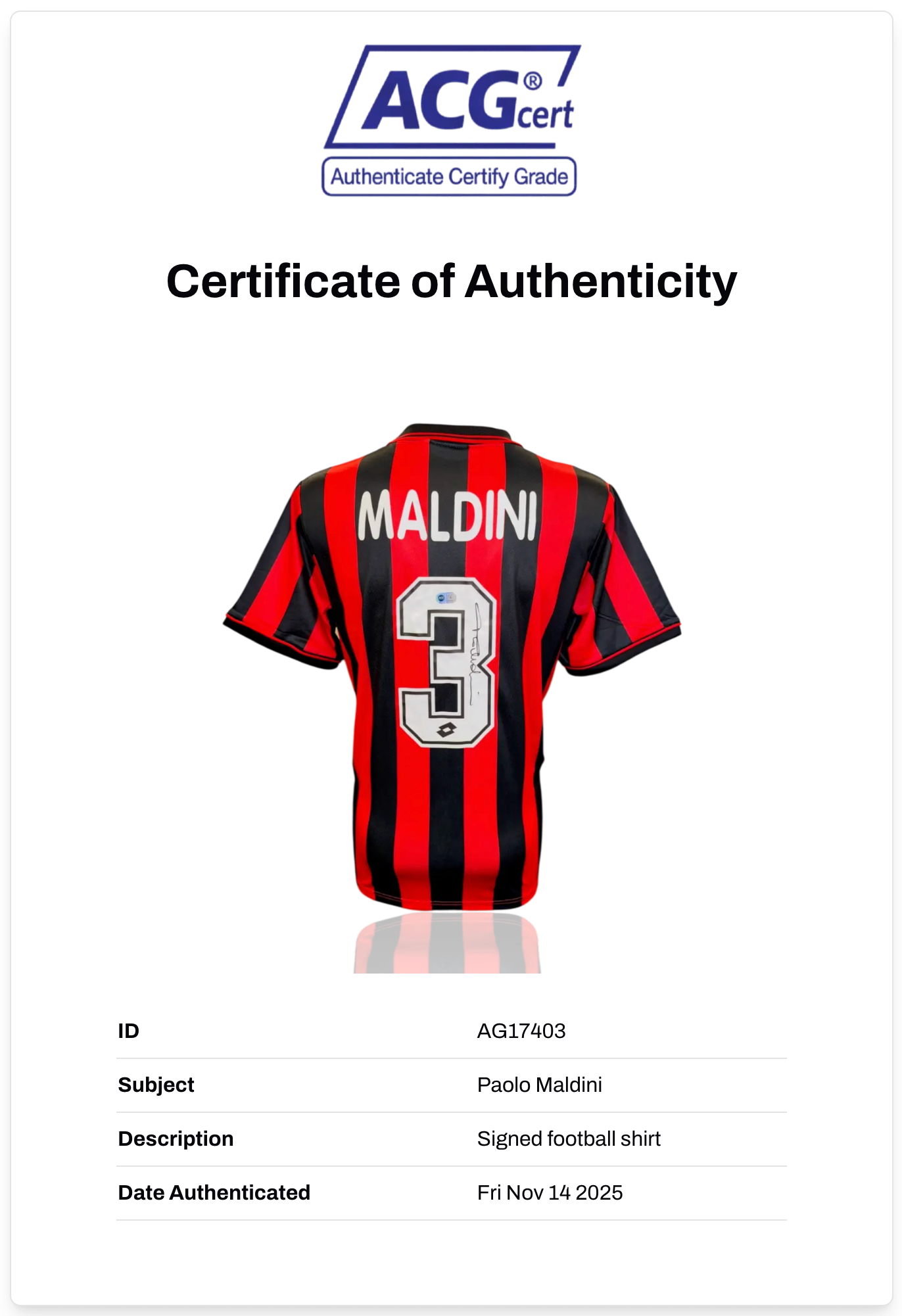 PAOLO MALDINI SIGNED AC MILAN 97/98 HOME SHIRT (ACG CERT AG17403)