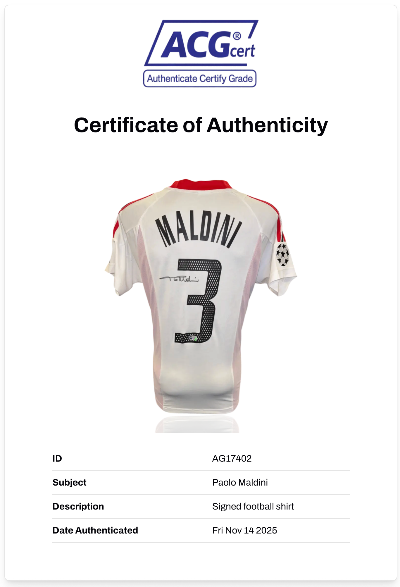 PAOLO MALDINI SIGNED AC MILAN 2002/03 AWAY SHIRT (ACG CERT AG17402)