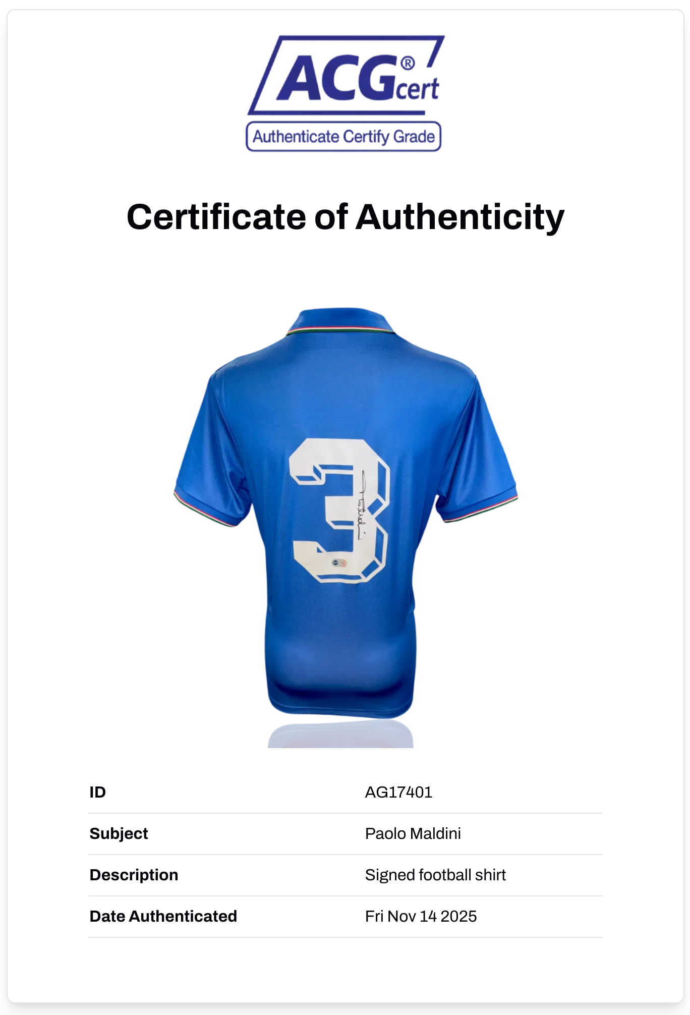 PAOLO MALDINI SIGNED ITALY WORLD CUP 1986/90 HOME SHIRT (ACG CERT AG17401)