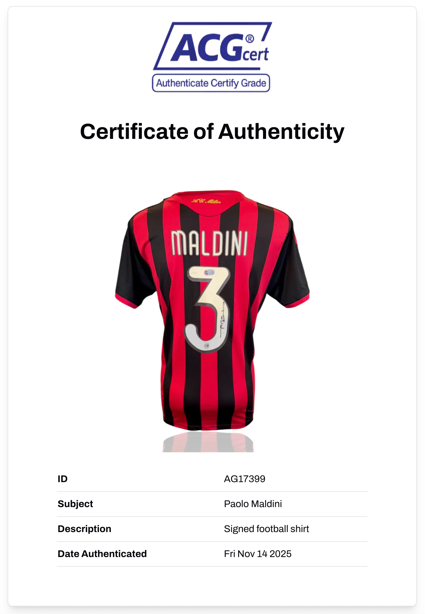 PAOLO MALDINI SIGNED AC MILAN 2008/09 FINAL HOME SHIRT (ACG CERT AG17399)