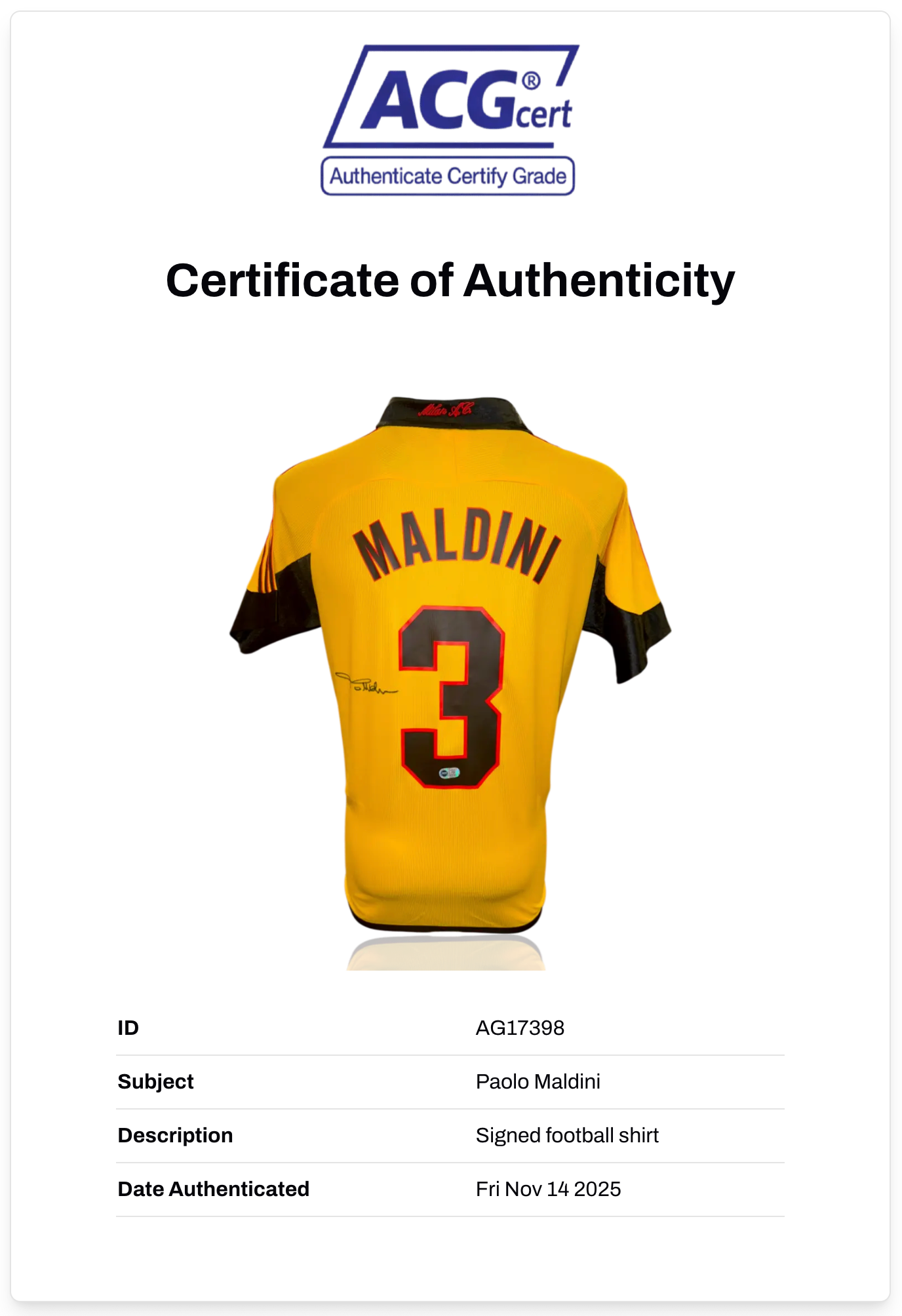 PAOLO MALDINI SIGNED AC MILAN 1999/00 100TH ANNIVERSARY YELLOW SHIRT (ACG CERT AG17398)