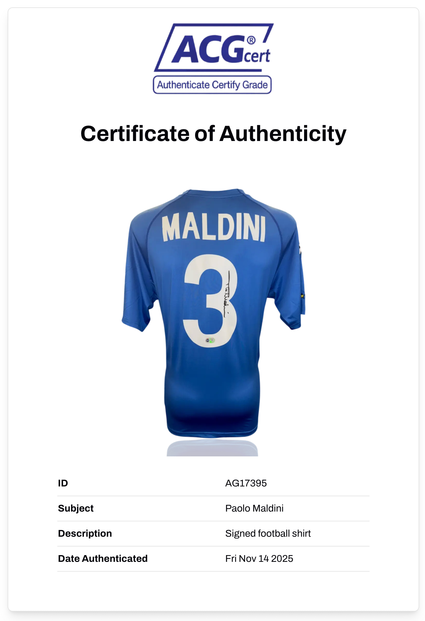 PAOLO MALDINI SIGNED ITALY EURO 2000 HOME SHIRT (ACG CERT AG17395)