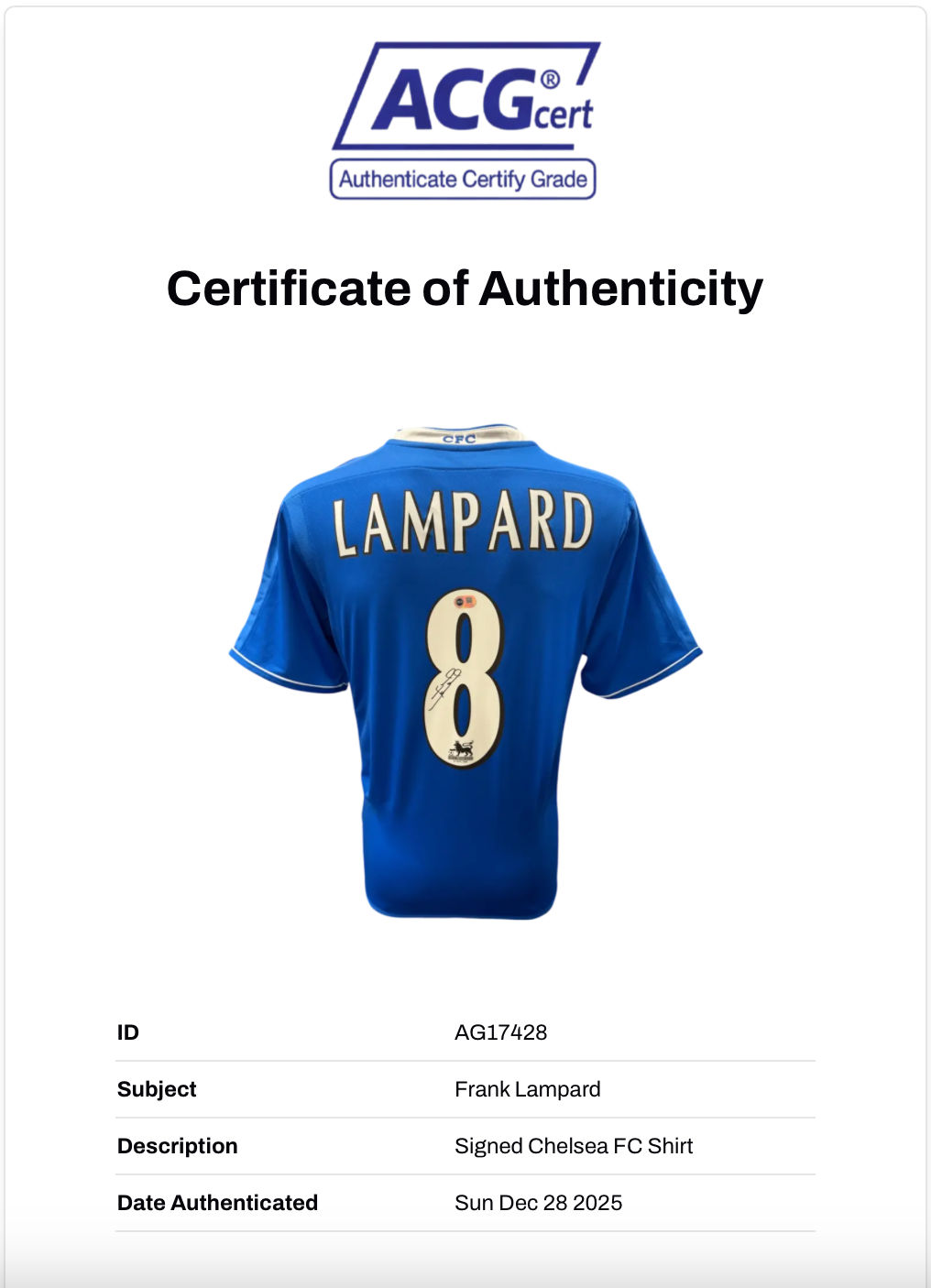 FRANK LAMPARD SIGNED CHELSEA 2004/05 HOME SHIRT (ACG CERT AG17428)