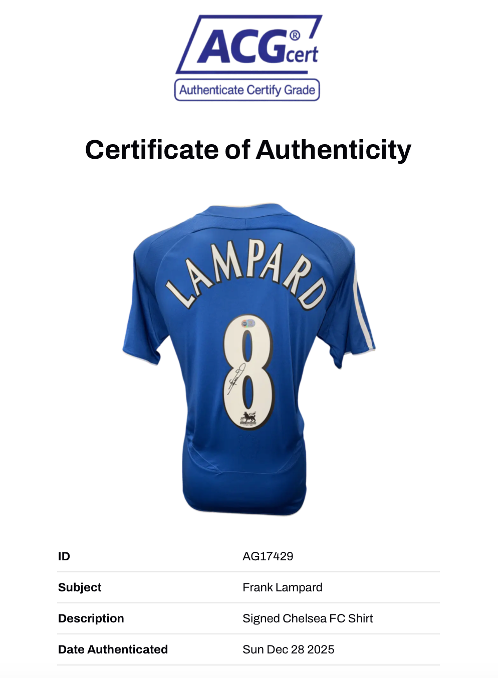 FRANK LAMPARD SIGNED CHELSEA 2006/08 HOME SHIRT (ACG CERT AG17429)