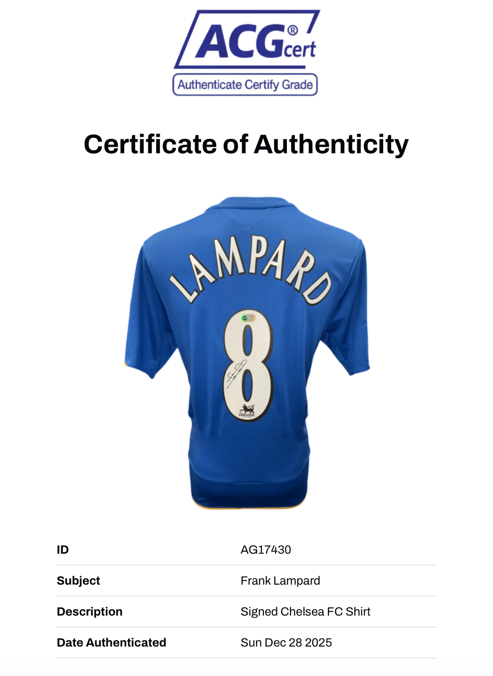 FRANK LAMPARD SIGNED CHELSEA 2005/06 HOME SHIRT (ACG CERT AG17430)