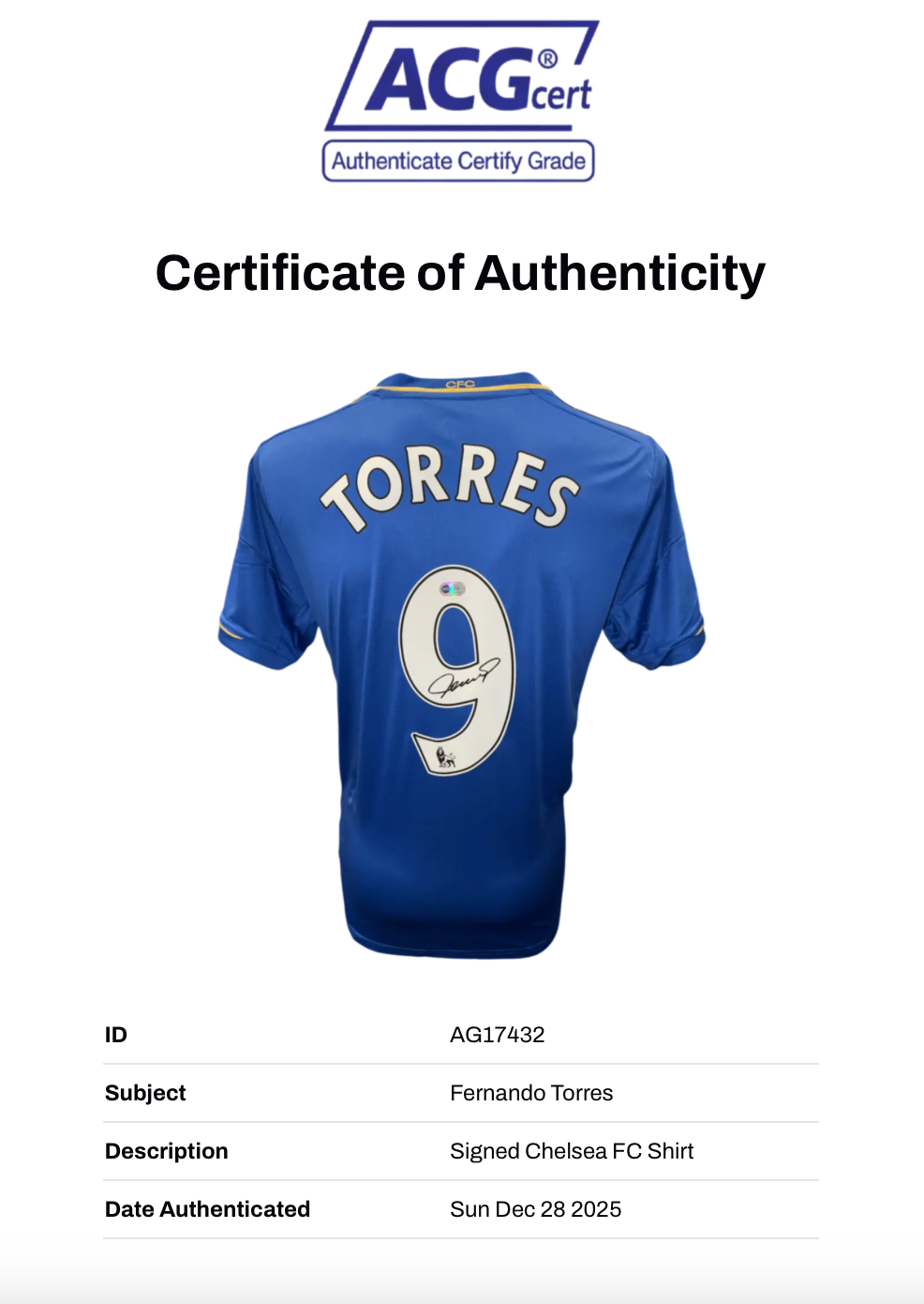 FERNANDO TORRES SIGNED CHELSEA 2012/13 HOME SHIRT (ACG CERT AG17432)