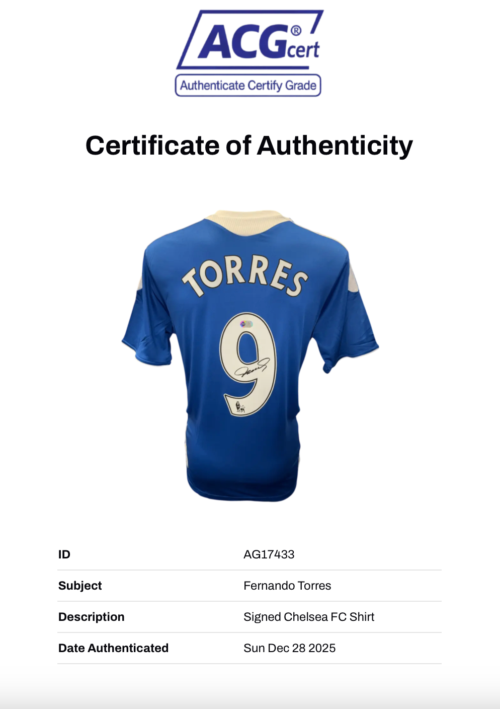 FERNANDO TORRES SIGNED CHELSEA 2011/12 HOME SHIRT (ACG CERT AG17433)