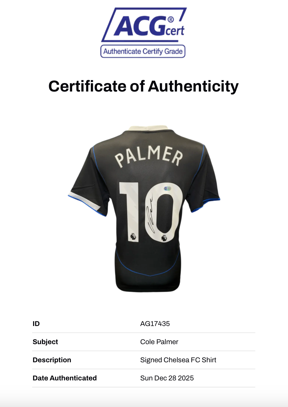 COLE PALMER SIGNED CHELSEA 2025/26 THIRD SHIRT (ACG CERT AG17435)