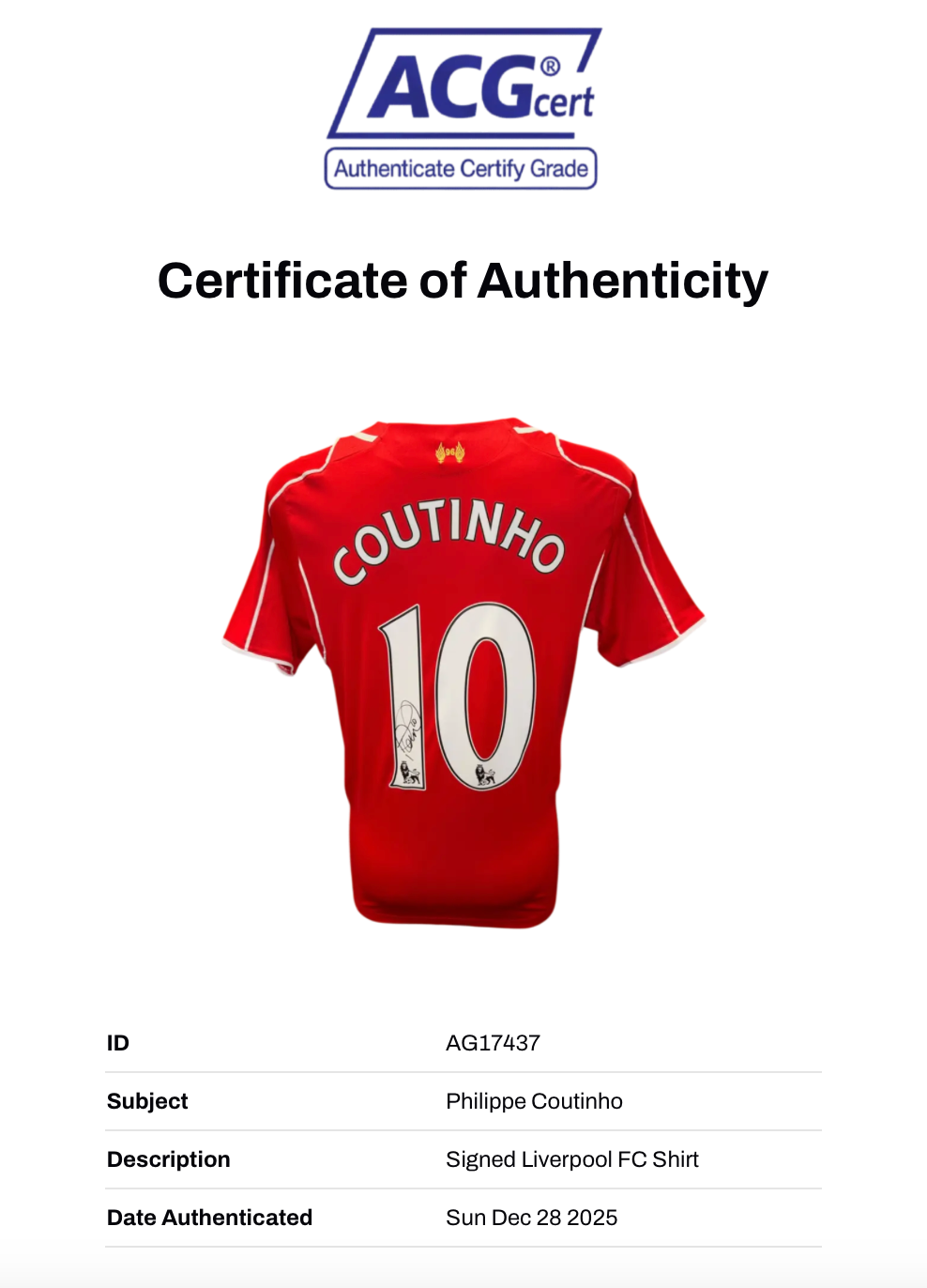 PHILIPPE COUTINHO SIGNED 2014/15 LIVERPOOL FC HOME SHIRT (ACG CERT AG17437)-2