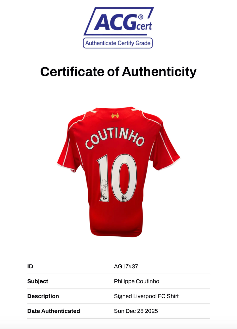 PHILIPPE COUTINHO SIGNED 2014/15 LIVERPOOL FC HOME SHIRT (ACG CERT AG17437)-2
