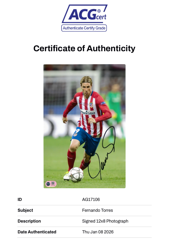 FERNANDO TORRES SIGNED ATLETICO MADRID 12x8 PHOTO (ACG CERT AG17106)