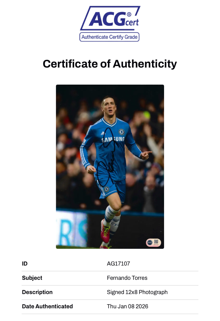 FERNANDO TORRES SIGNED CHELSEA 12x8 PHOTO (ACG CERT AG17107)