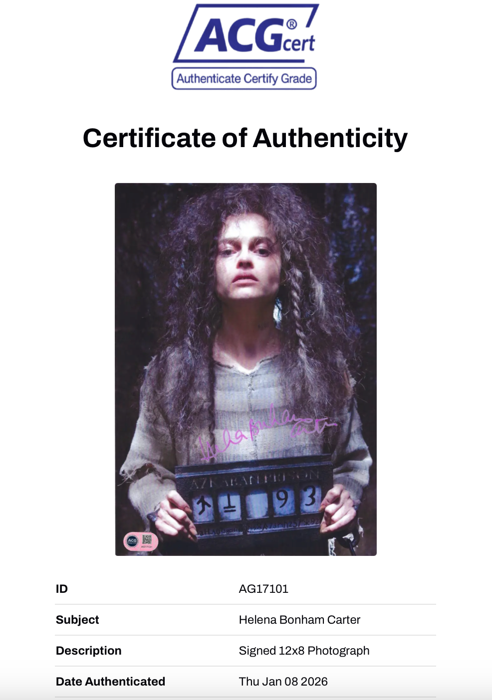HELENA BONHAM CARTER SIGNED HARRY POTTER 12x8 PHOTO (ACG CERT AG17101)-2
