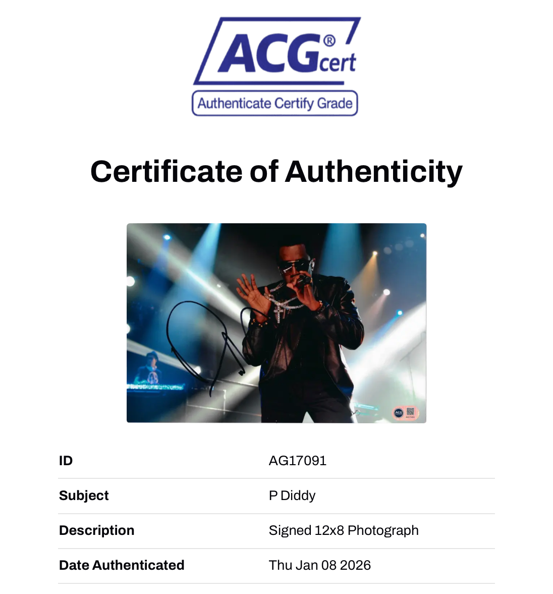 P DIDDY SIGNED RAPPER PUFF DADDY 12x8 PHOTO (ACG CERT AG17091)