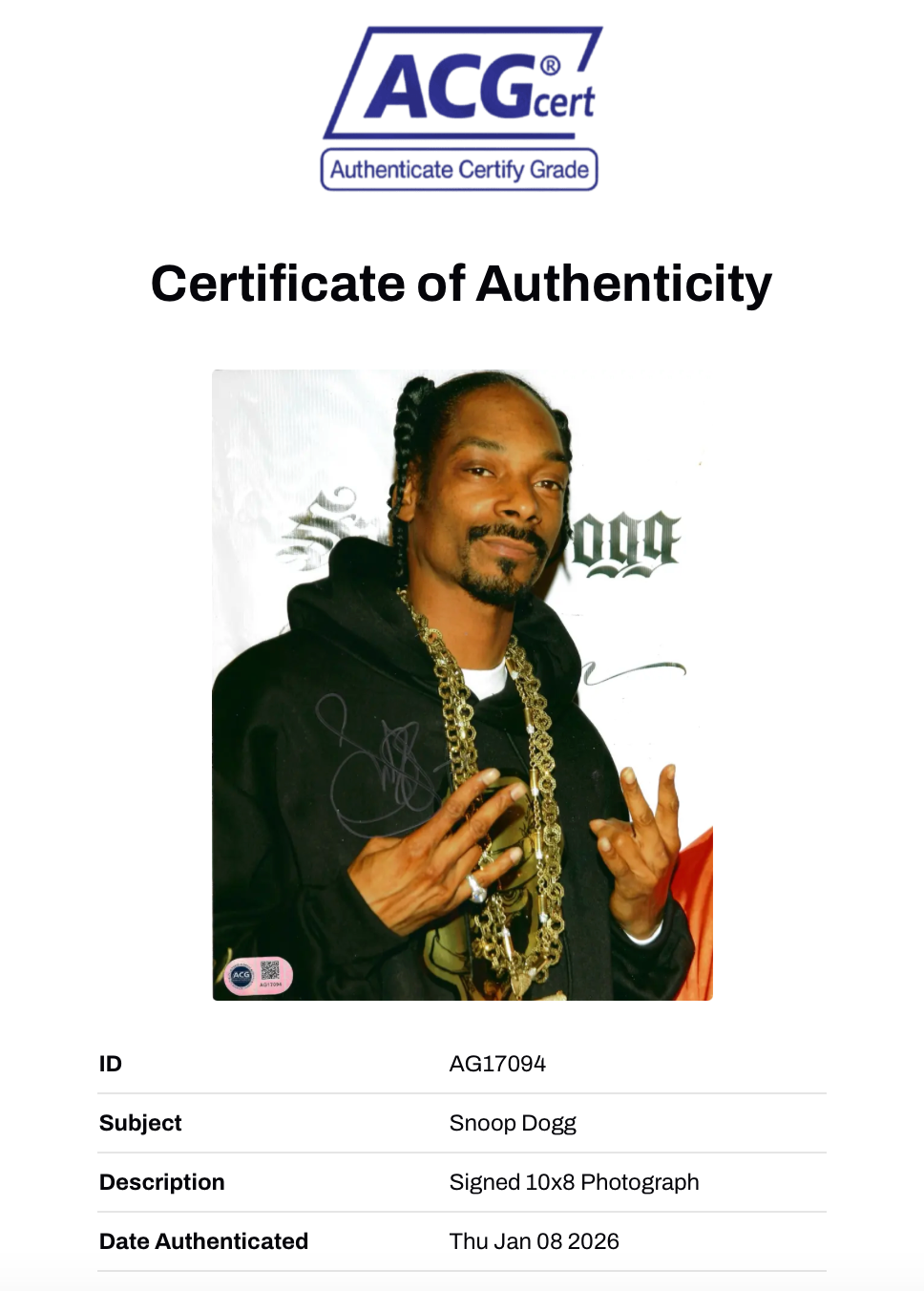 SNOOP DOGG SIGNED RAPPER 10x8 PHOTO (ACG CERT AG17094)