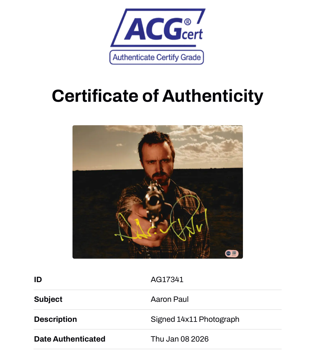 AARON PAUL SIGNED BREAKING BAD JESSE PINKMAN 14X11 PHOTO (ACG CERT AG17341)-2