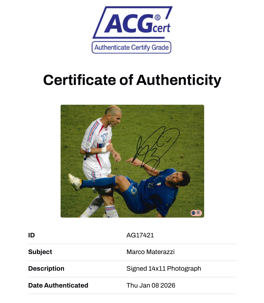MARCO MATERAZZI SIGNED ITALY WORLD CUP ZIDANE 14x11 PHOTO (ACG CERT AG17422)-2