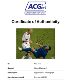 MARCO MATERAZZI SIGNED ITALY WORLD CUP ZIDANE 14x11 PHOTO (ACG CERT AG17422)-2