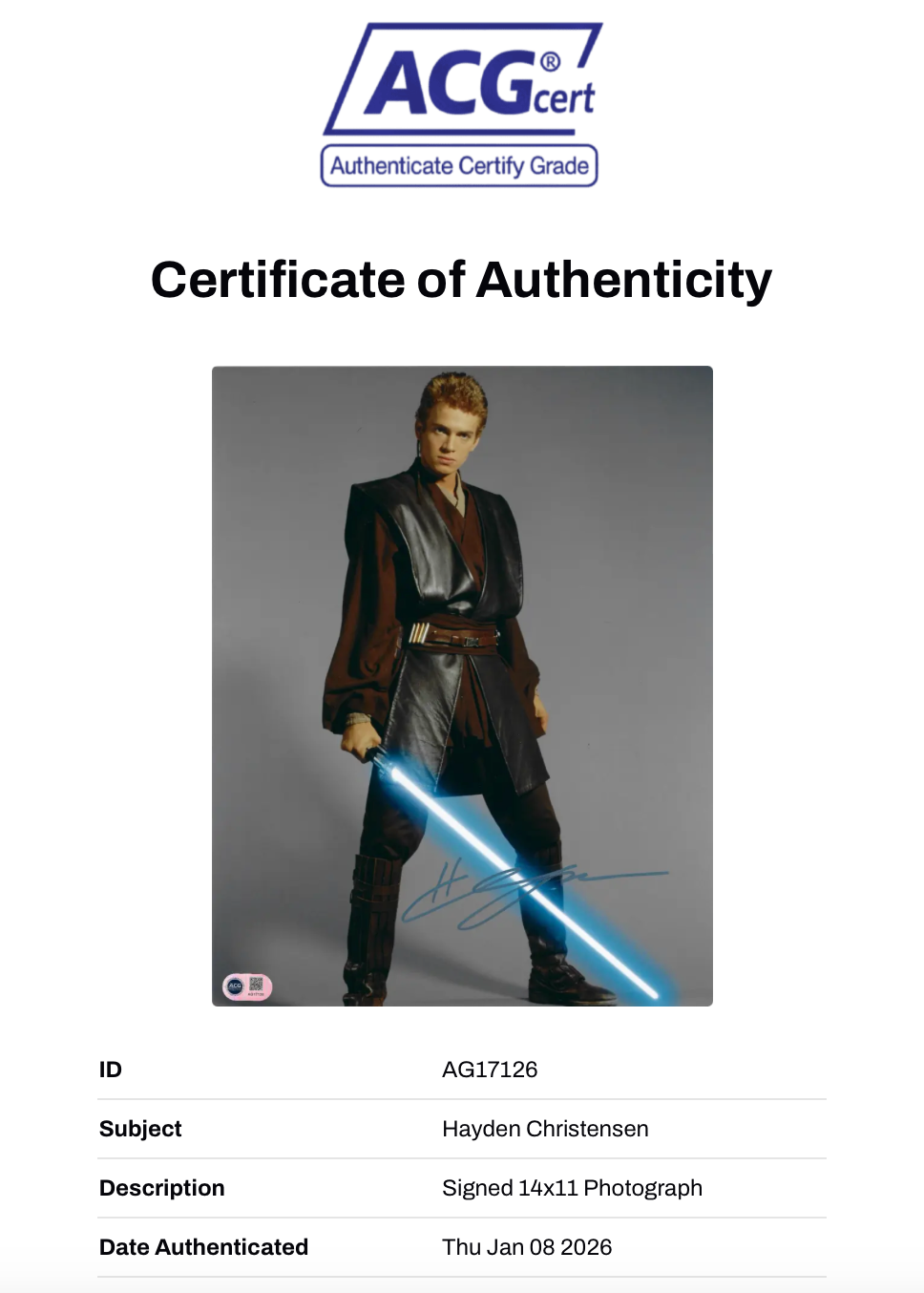 HAYDEN CHRISTENSEN SIGNED STAR WARS 14X11 PHOTO (ACG CERT AG17126)-2