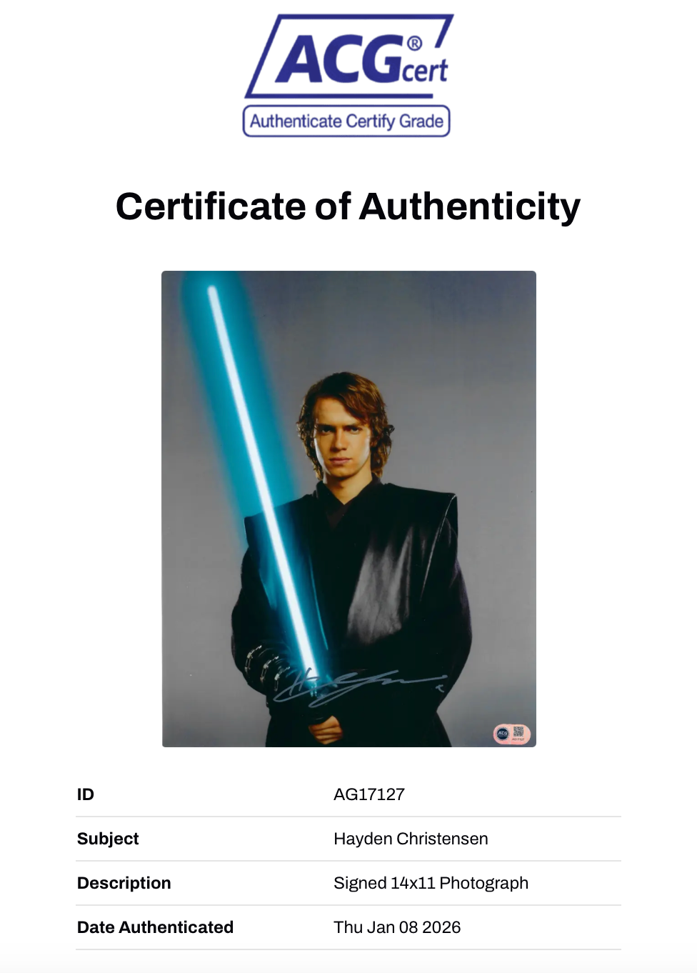 HAYDEN CHRISTENSEN SIGNED STAR WARS 14X11 PHOTO (ACG CERT AG17127)-2