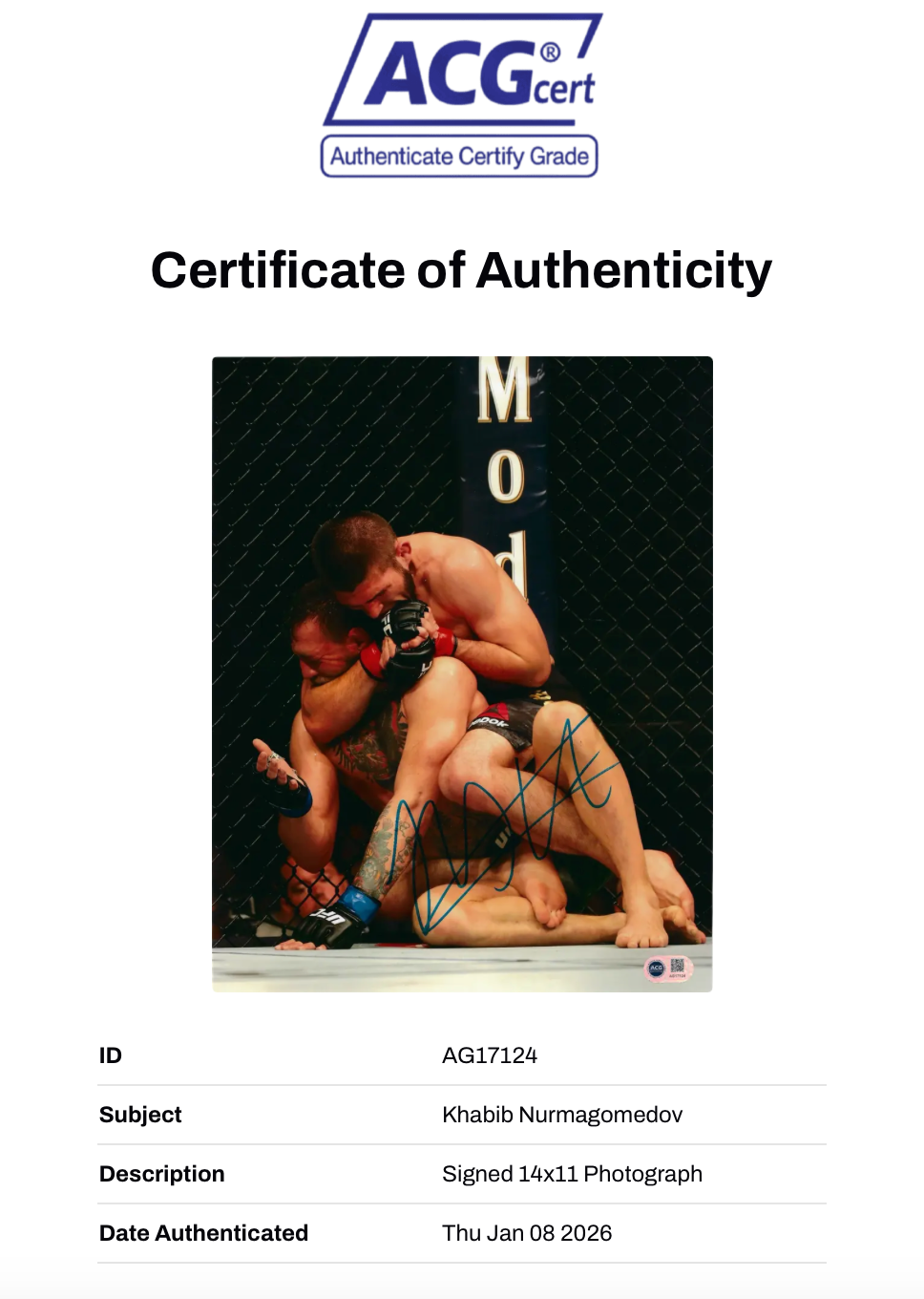 KHABIB NURMAGOMEDOV SIGNED THE EAGLE UFC 14x11 PHOTO (ACG CERT AG17124)