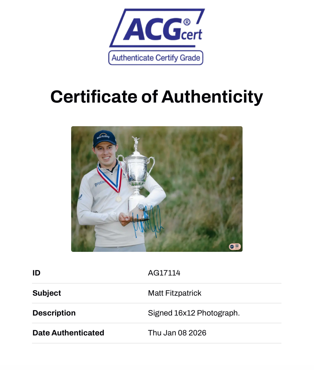 MATT FITZPATRICK SIGNED 16X12 US OPEN WINNER GOLF PHOTO (ACG CERT AG17114)-2