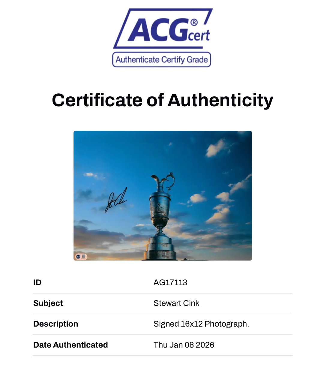 STEWART CINK SIGNED 16X12 THE OPEN TROPHY CHAMPION PHOTO (ACG CERT AG17113)