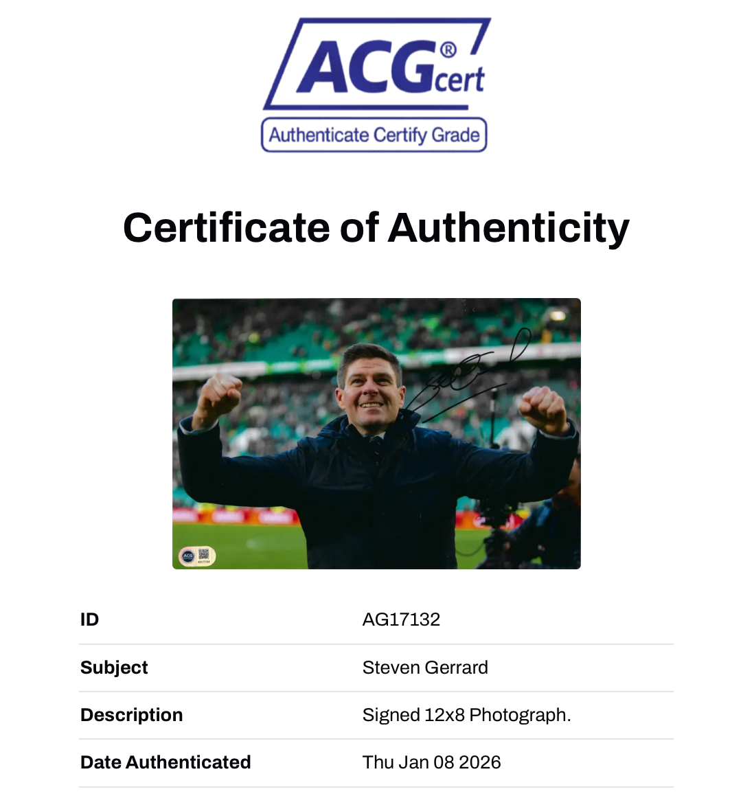 STEVEN GERRARD SIGNED RANGERS OLD FIRM WINNER 12x8 PHOTO (ACG CERT AG17132)