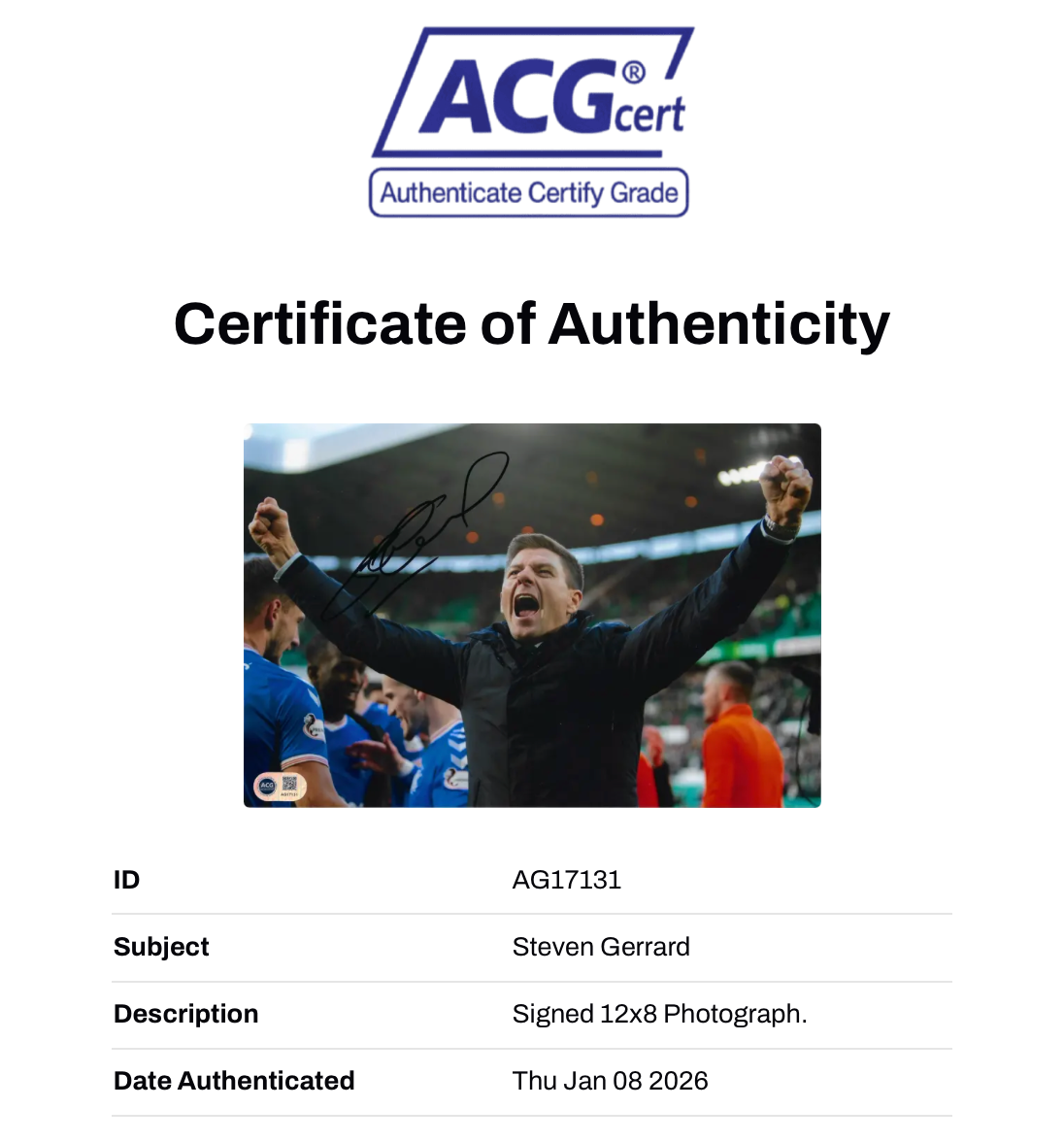STEVEN GERRARD SIGNED RANGERS OLD FIRM WINNER 12x8 PHOTO (ACG CERT AG17131)